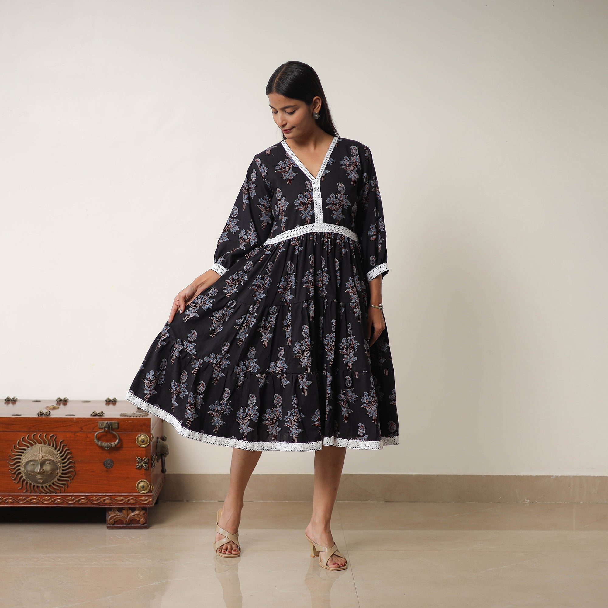 ITOKRI CASUALS Black - Hand Block Print Cotton Tiered Ajrakh Dress 18 - view 3