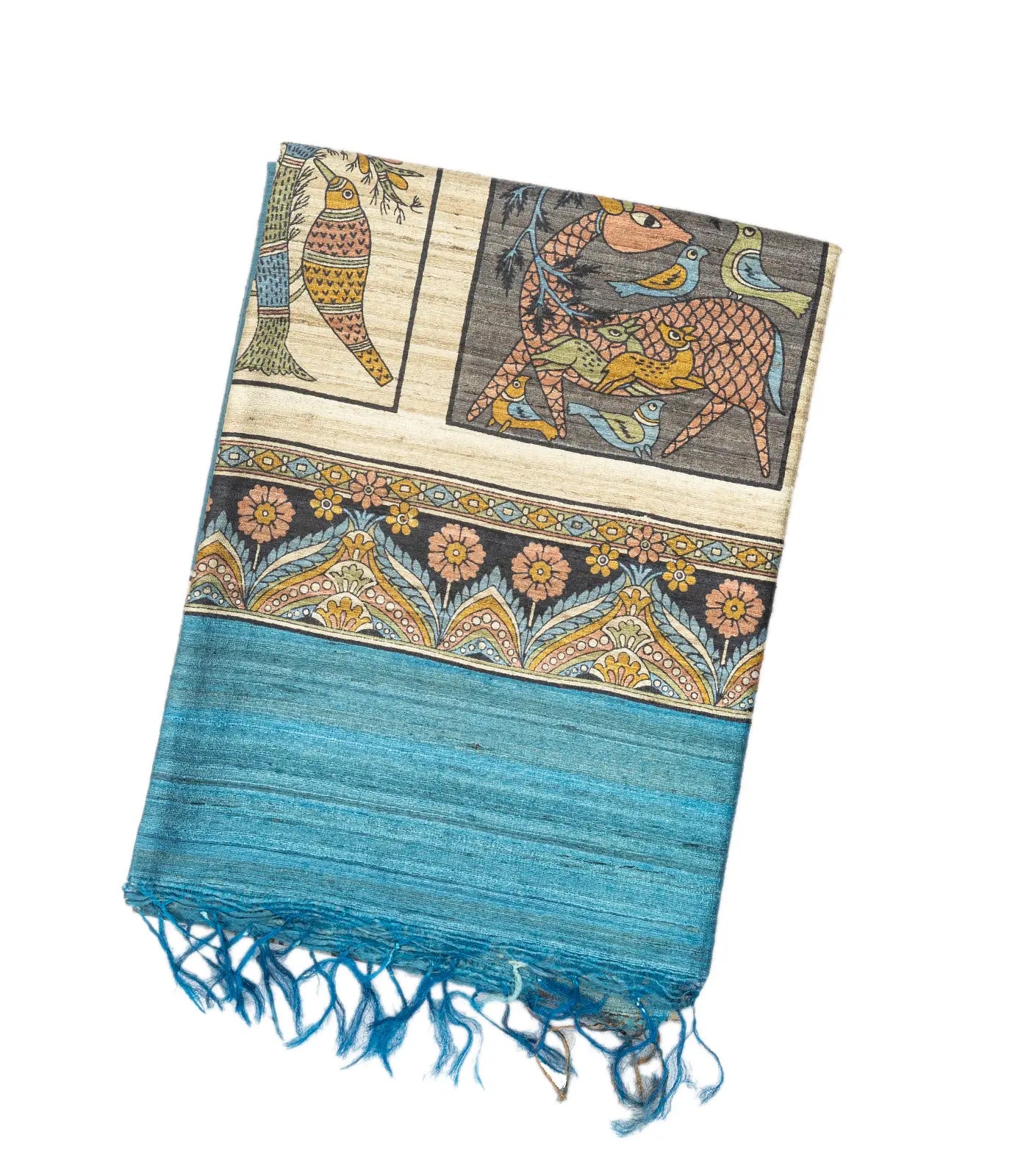 RmKV Steel Blue Handloom Dupion Silk Saree With Printed Animal Motifs