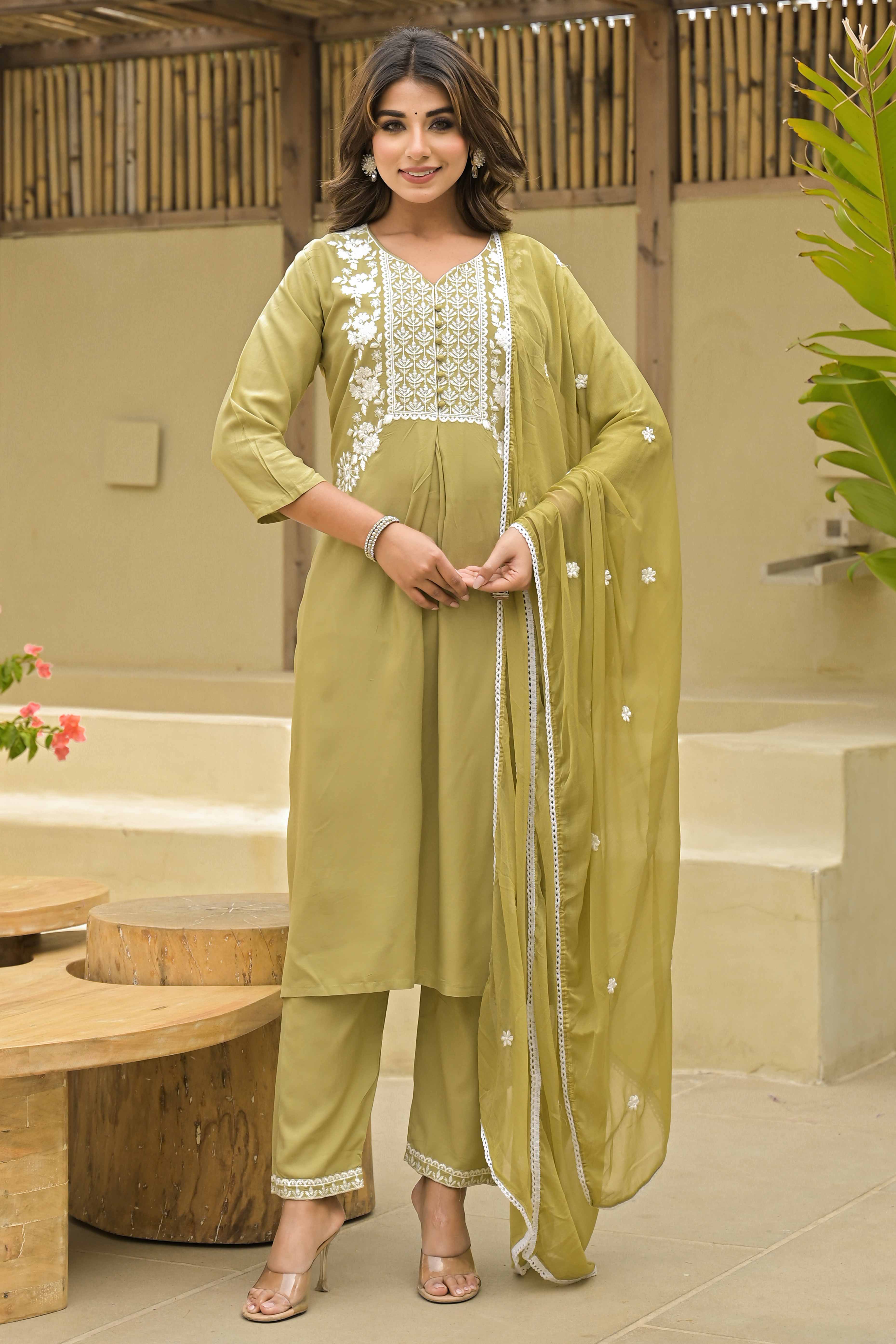 Peachmode Light Chikoo Floral Embroidered Rayon Salwar Suit - view 5
