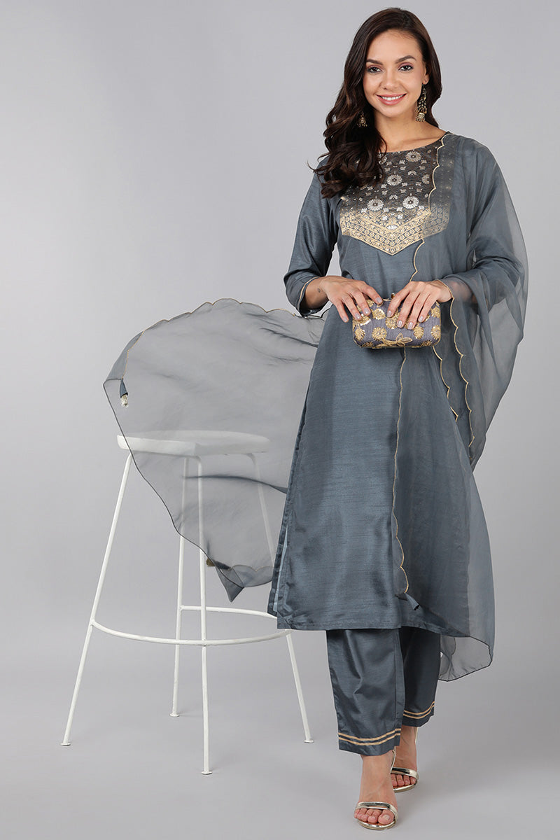 Ahika Grey Poly Silk Solid Straight Suit Set PKSKD1322 - view 8