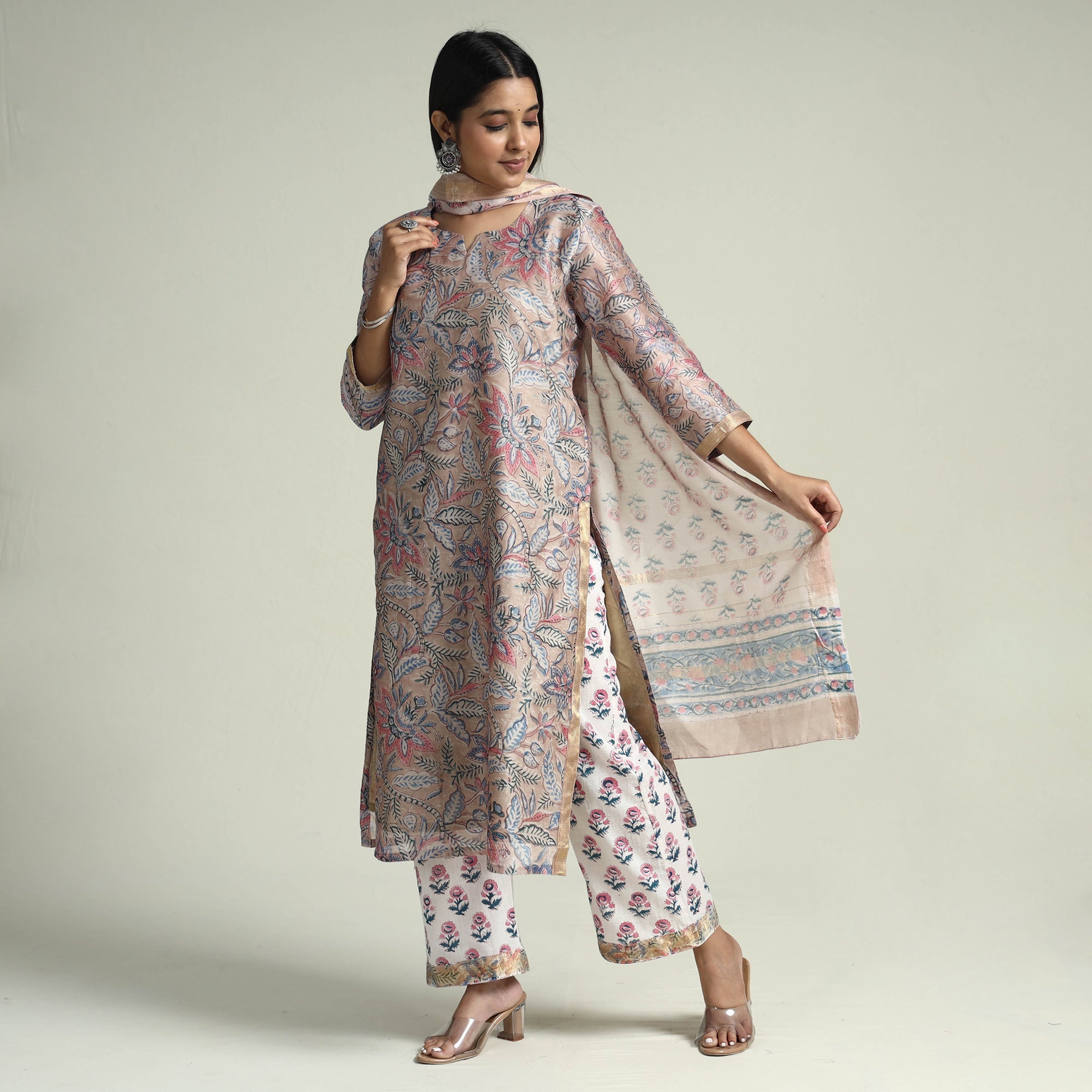 ITOKRI CASUALS Brown - Sanganeri Block Printed Maheshwari Silk Kurta with Palazzo & Dupatta Set - view 3