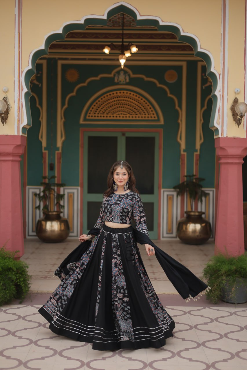 ClothsVilla.com Black Festive Printed Rayon Lehenga Choli Set with Gota Patti & Kodi Lace - view 2