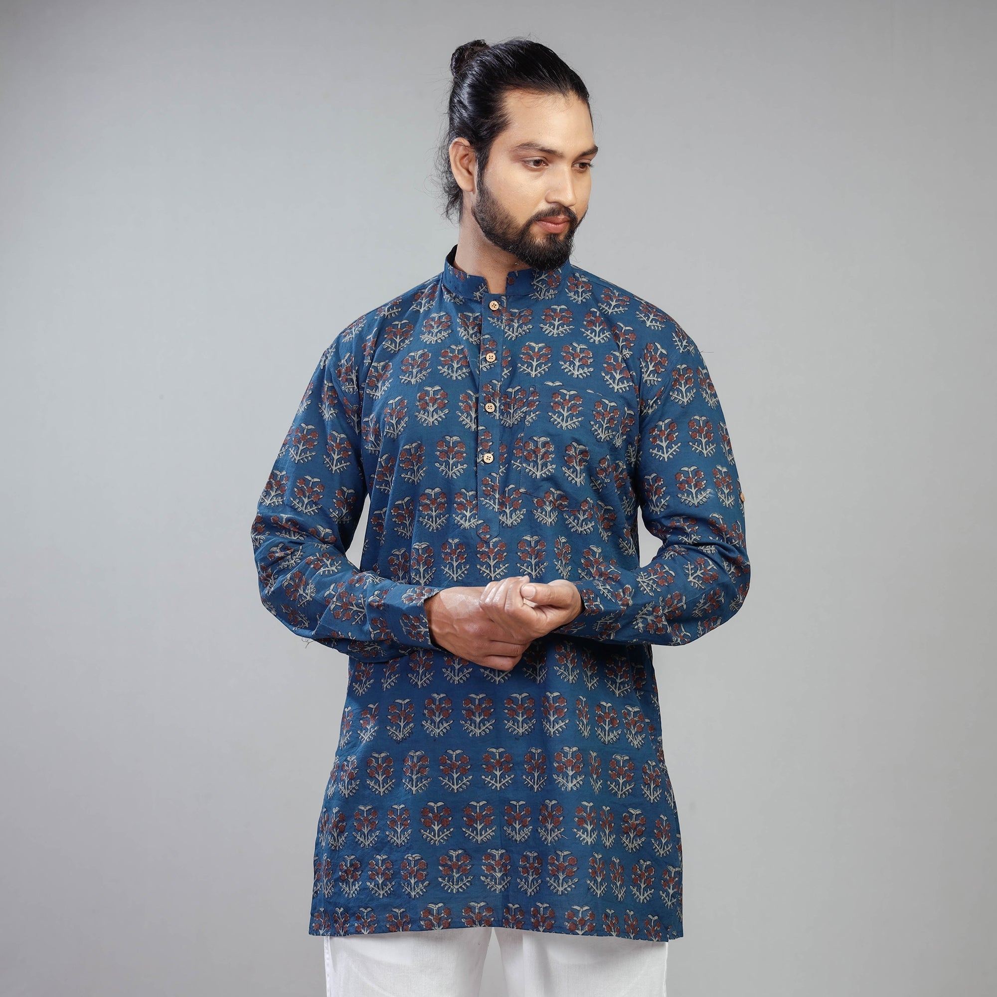 ITOKRI CASUALS Blue - Akola Block Printed Cotton Men Short Kurta