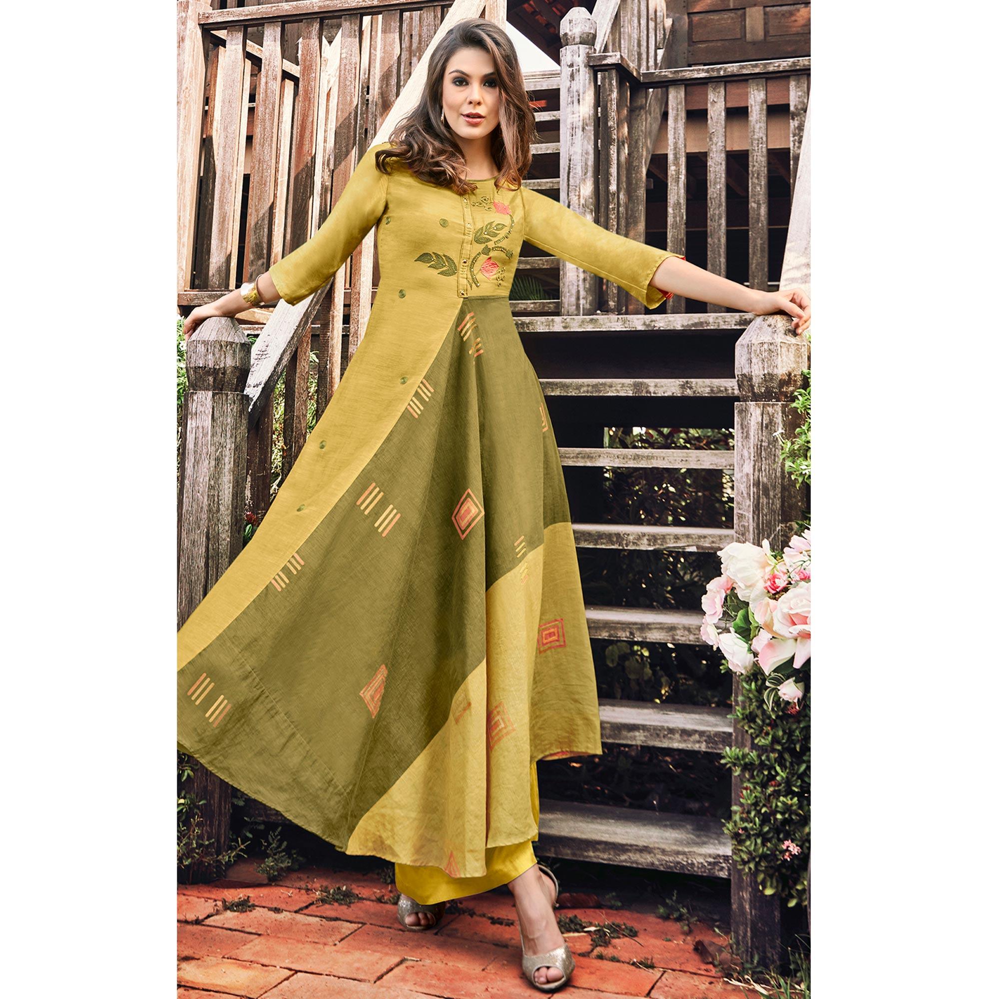 Peachmode Jazzy Mehndi Green Colored Party Wear Printed Modal-Jacquard Long Kurti - view 3
