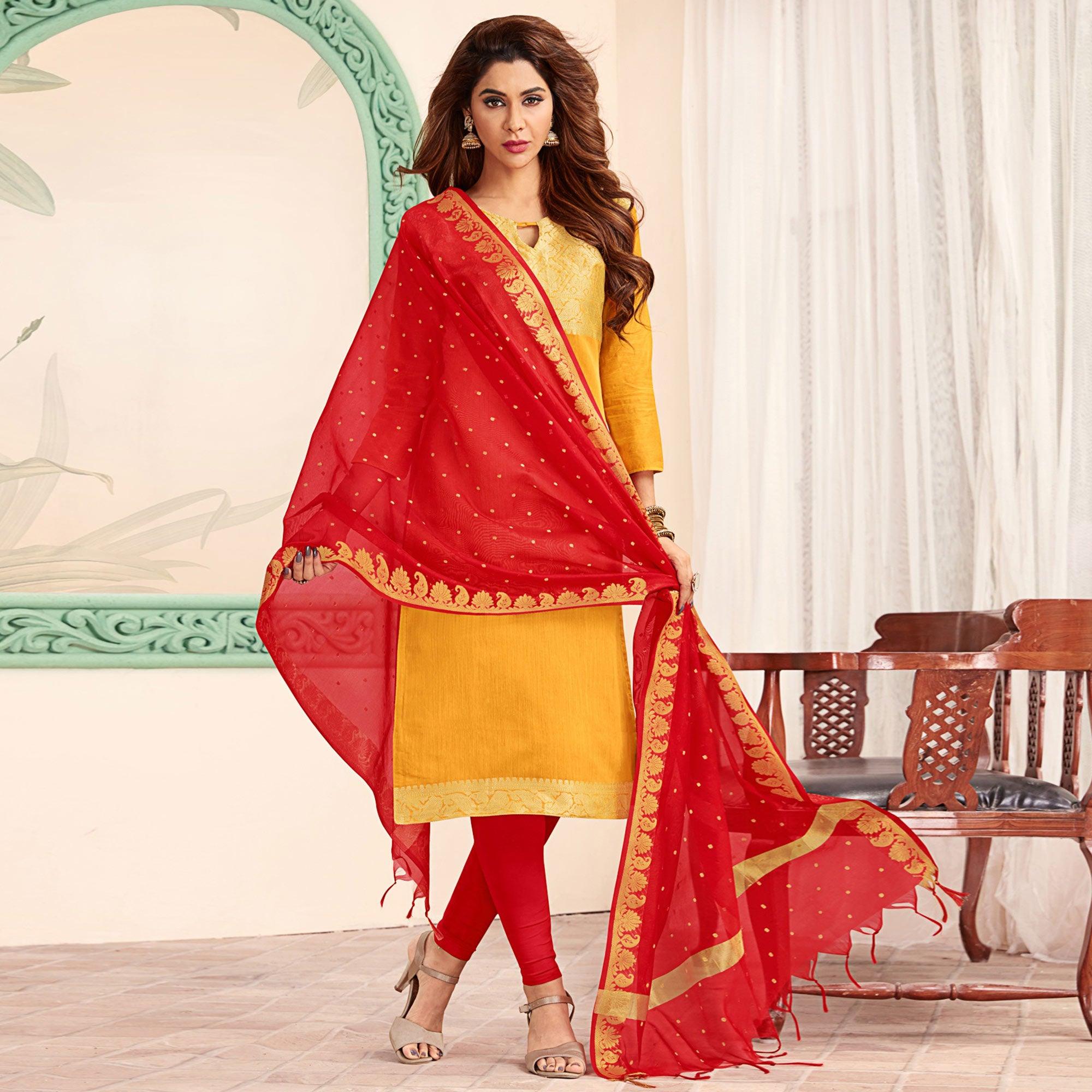 Peachmode Flattering Yellow Colored Casual Wear Woven Banarasi Silk Dress Material