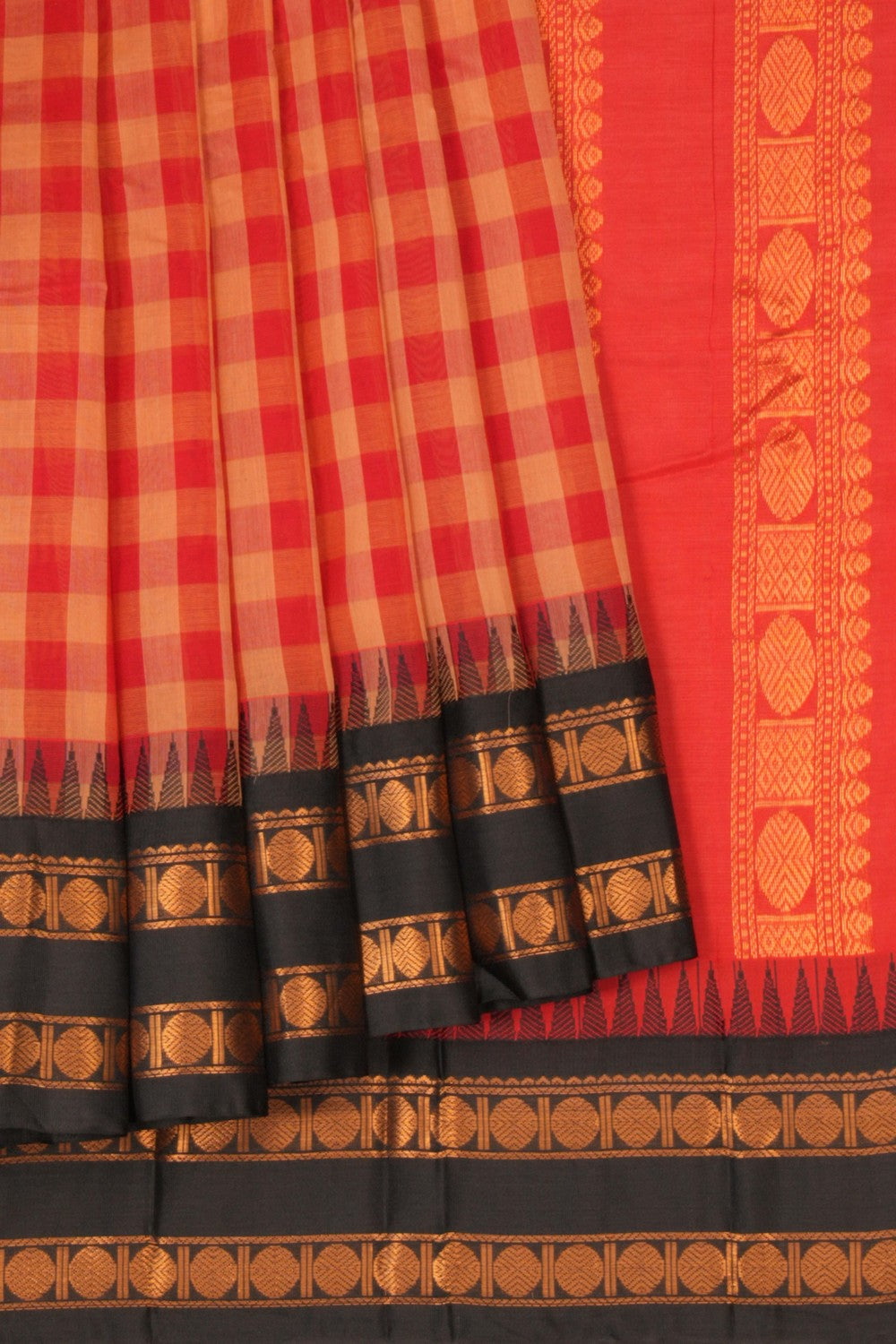 Kalanjali Gadwal Cotton Kattam Red Saree – Women's