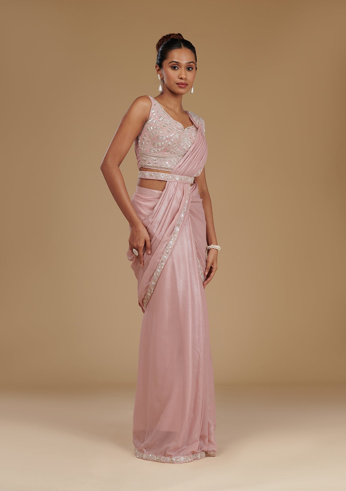 Koskii Peach Sequins Chiffon Readymade Saree – Women's - view 6