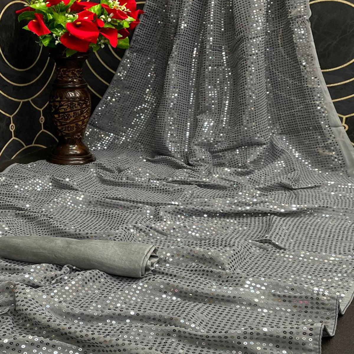 Peachmode Grey Partywear Sequins Work Georgette Saree - view 2