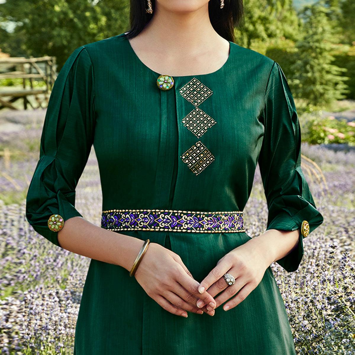 Peachmode Seller Capricious Dark Green Colored Partywear Embroidered Silk-Cotton Slub Gown - view 2