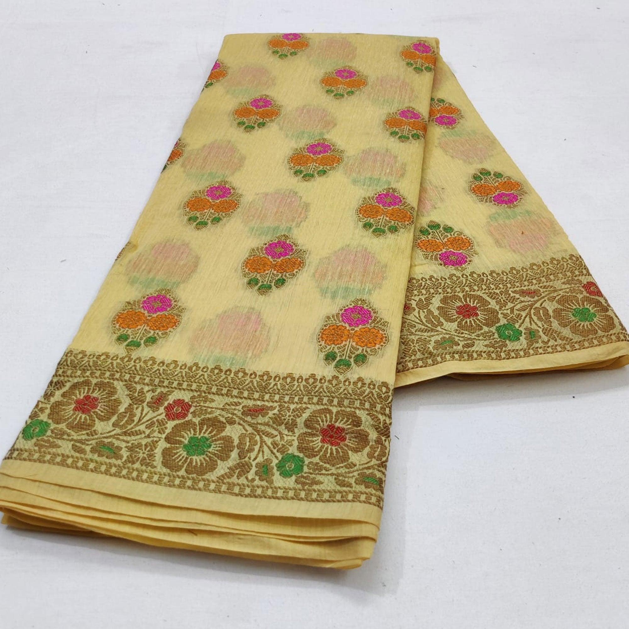 Peachmode Cream Festive Wear Woven Cotton Saree With Meena Butta Pallu