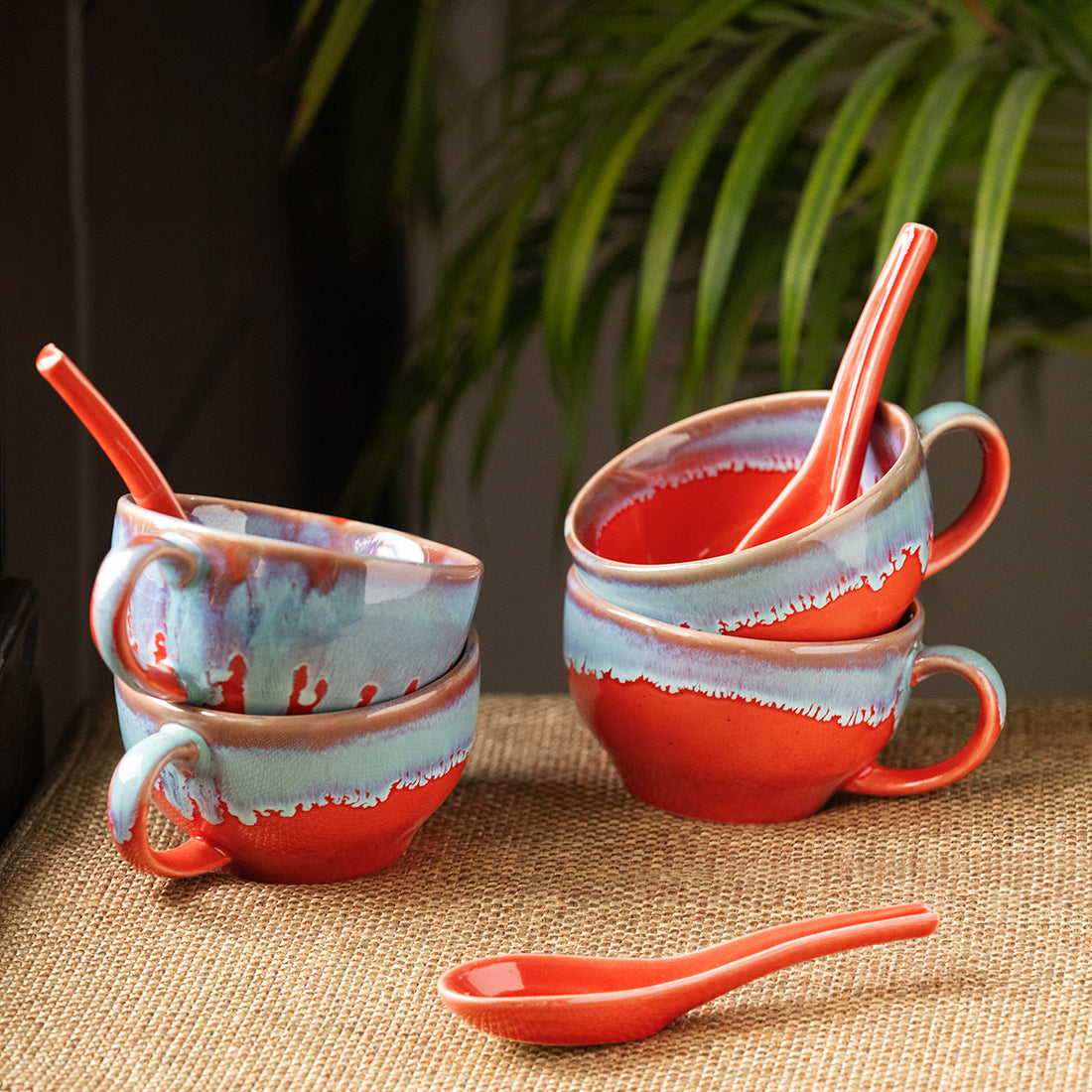 EXCLUSIVELANE 'Coral Reef' Ceramic Handled Soup Bowls With Spoons (Set of 4, 250 ML, Hand Glazed Studio Pottery, Microwave Safe)