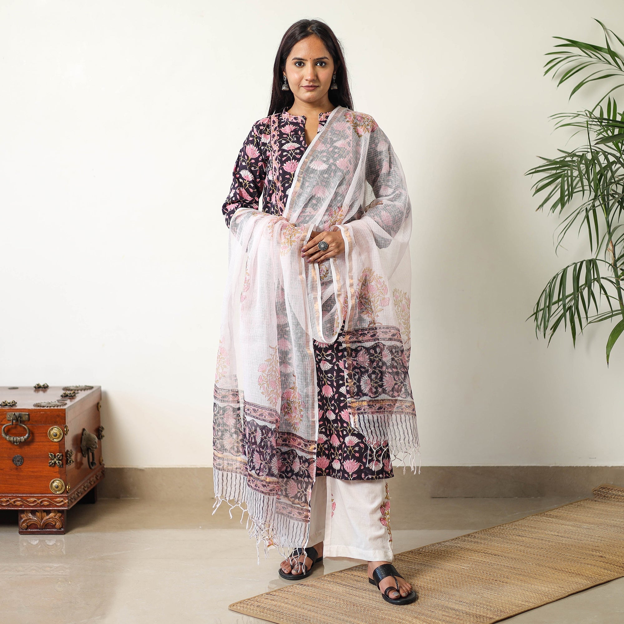 ITOKRI CASUALS Black - Sanganeri Block Printed Cotton Kurta with Palazzo & Dupatta Set 16 - view 2
