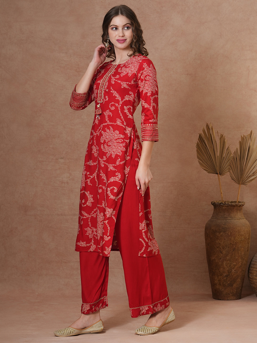 FASHOR Ethnic Bandhani Printed Straight Fit Kurta with Palazzo - Red - view 4