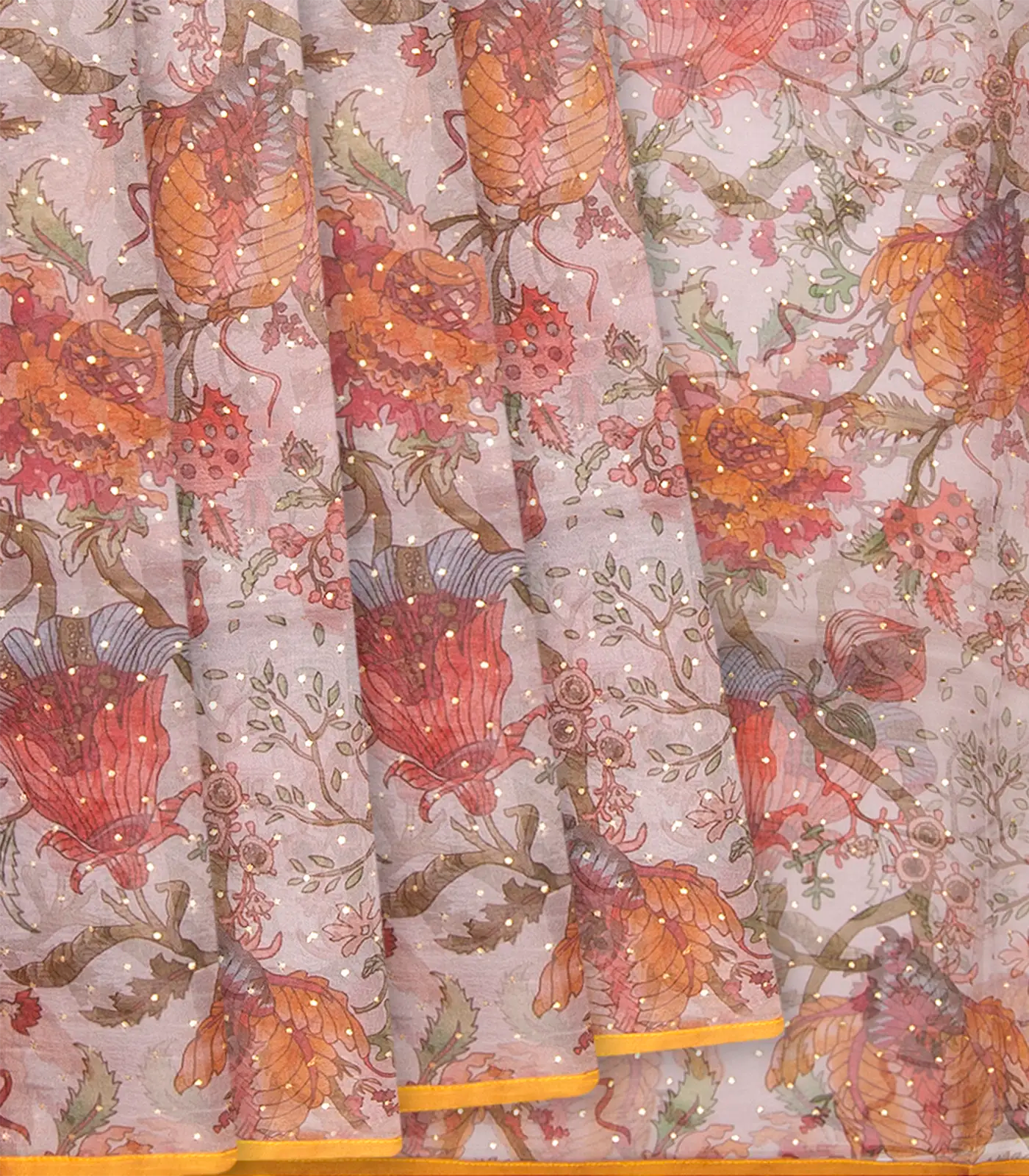 RmKV Taupe Printed Organza Silk Saree With Floral Motifs-Taupe
