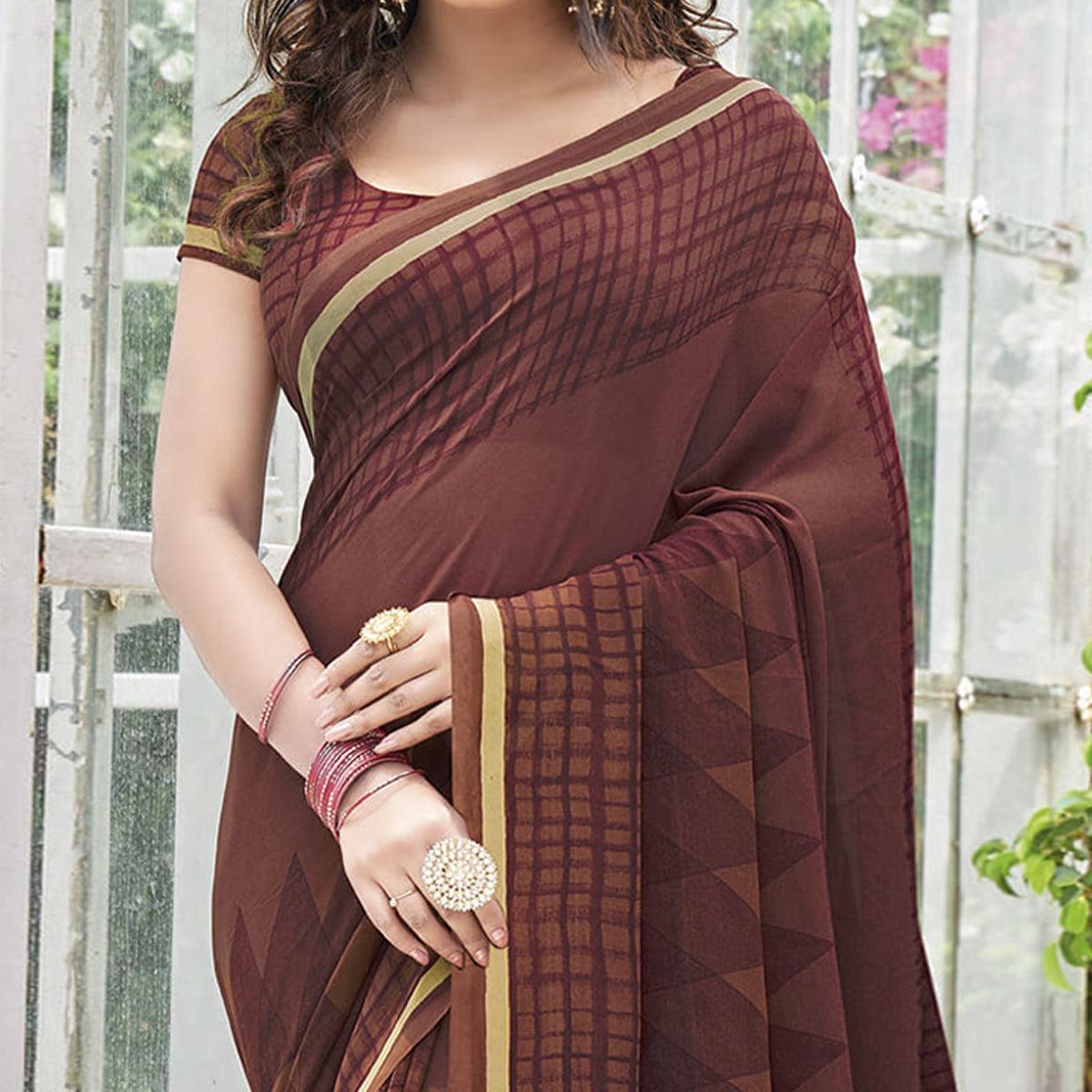 Peachmode Chocolate Brown Printed Georgette Saree - view 2