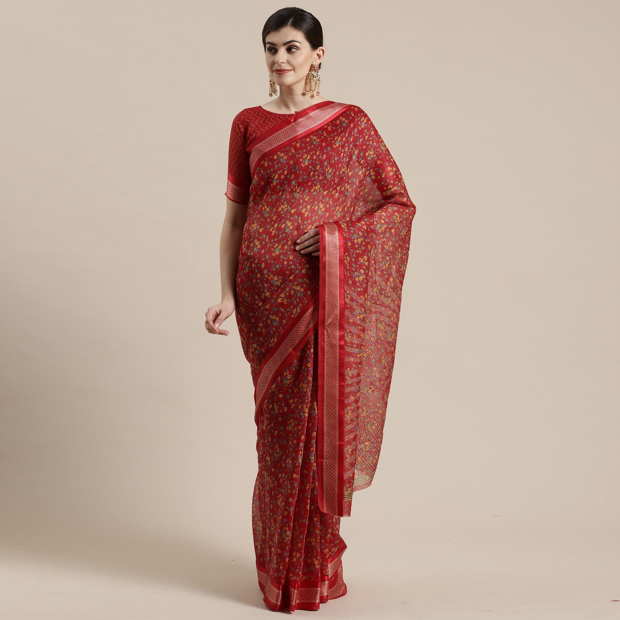 Peachmode Lovely Maroon Colored Casual Wear Floral Printed Cotton Silk Saree