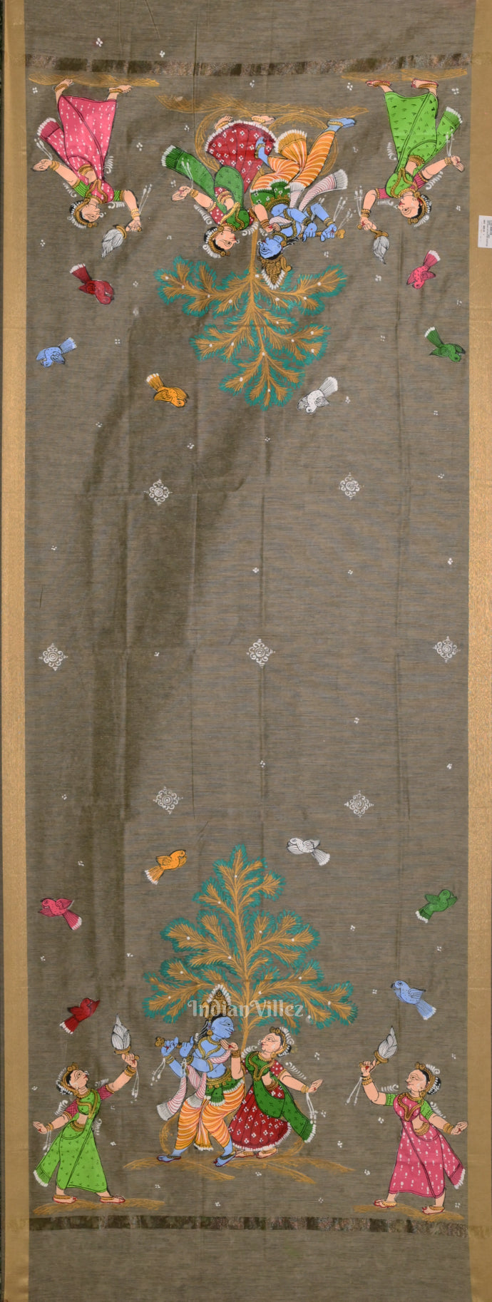 IndianVillèz Gray Radha Krishna & Gopis Raslila Hand-Painted Patachitra Chanderi Dupatta