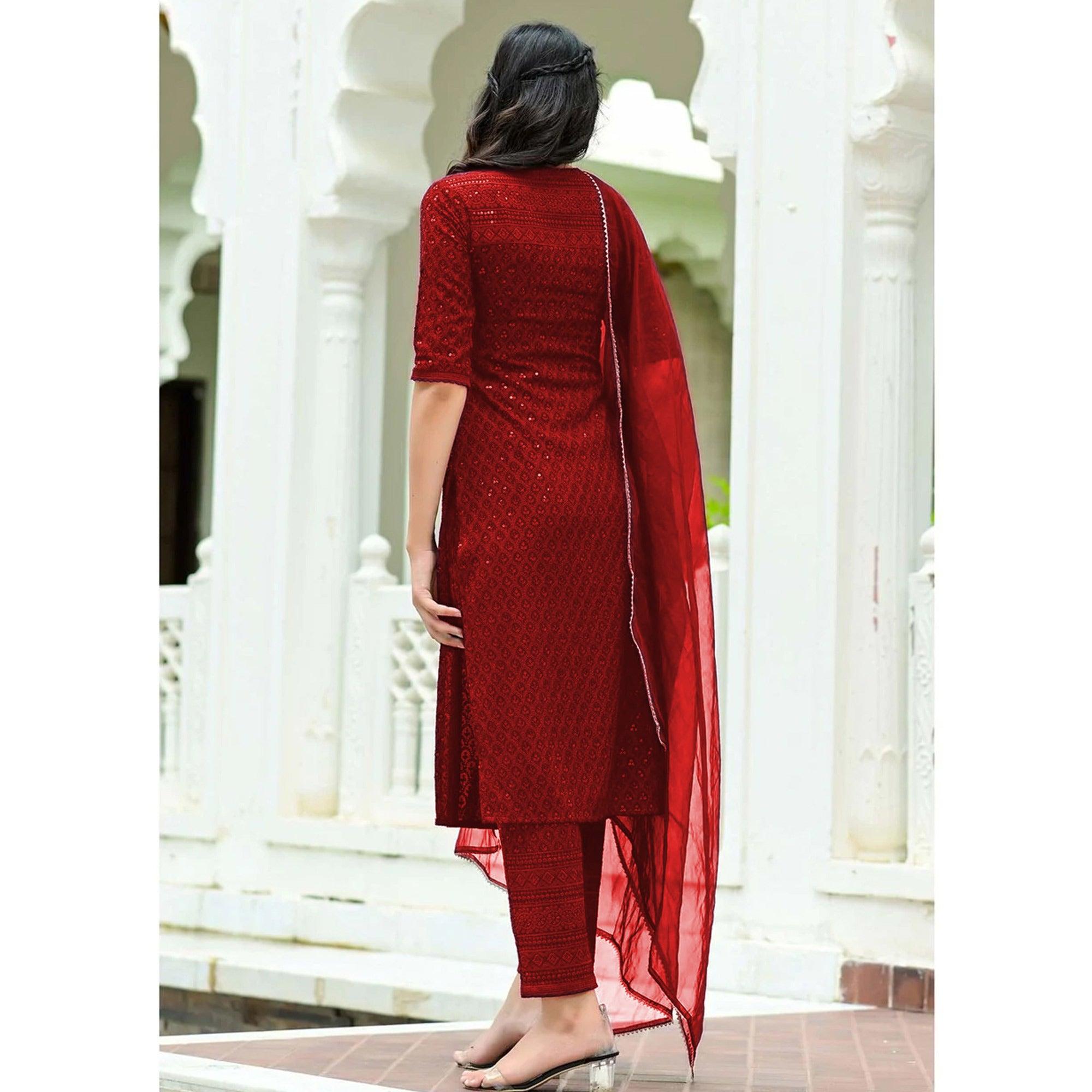 Peachmode Seller Maroon Lucknowi Chikankari Work Rayon Kurti Pant Set With Dupatta - view 3