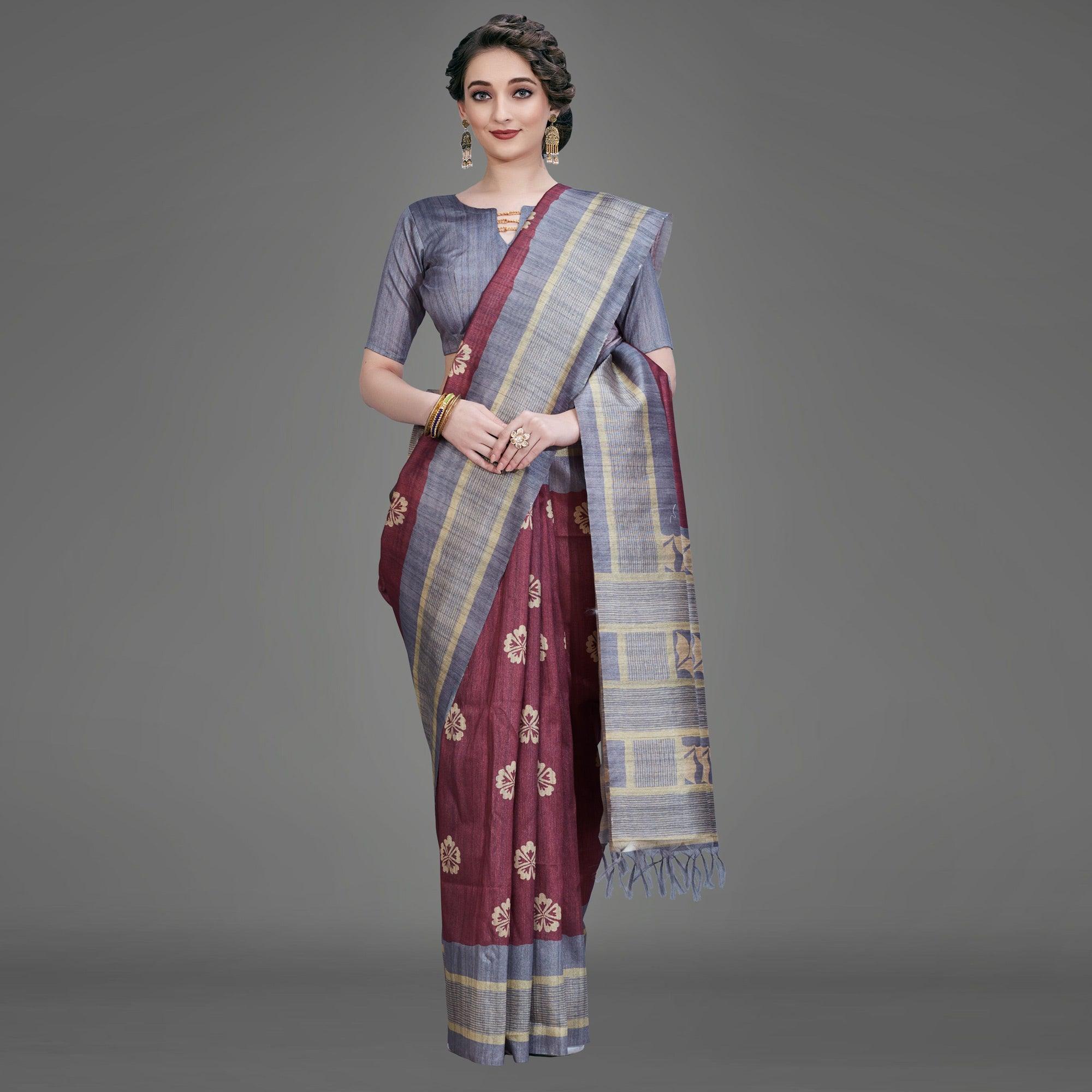 Peachmode Maroon Casual Art Silk Printed Saree With Unstitched Blouse