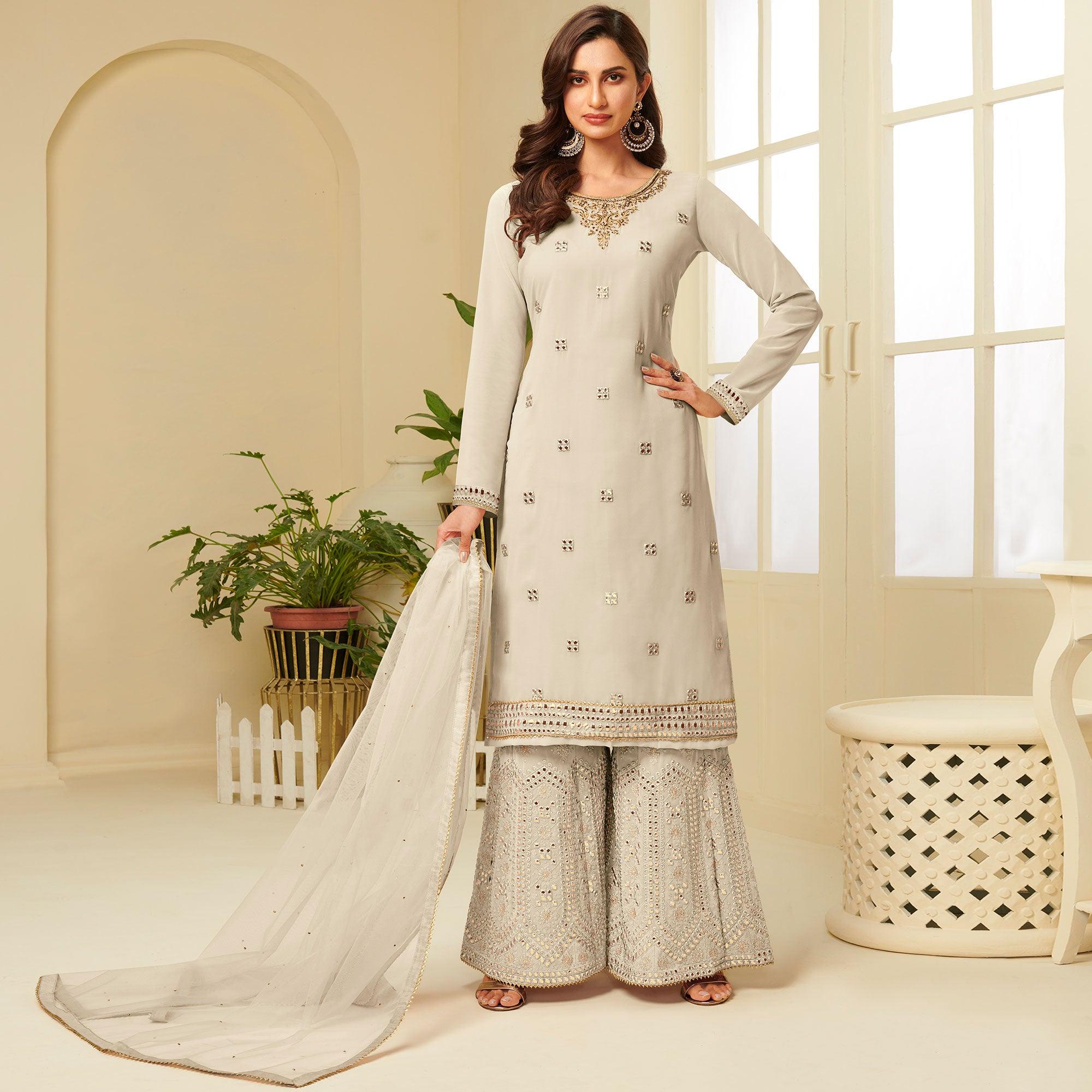 Peachmode Energetic Cream Coloured Partywear Gota Work Georgette Palazzo Suit