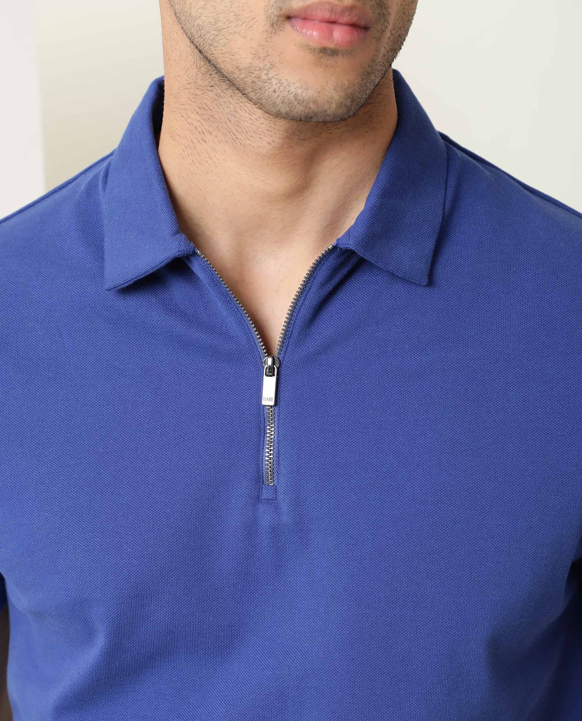 Rare Rabbit Men's Stel Fluorescent Blue Cotton Fabric Collared Neck Zipper Closure Half Sleeves Flat Knit Polo T-Shirt - view 2