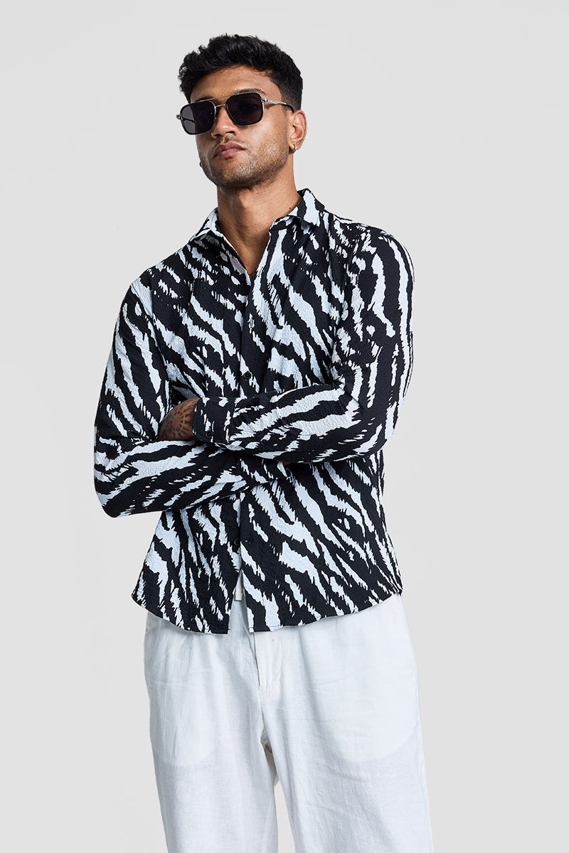 SNITCH Black Textured Animal Print Shirt