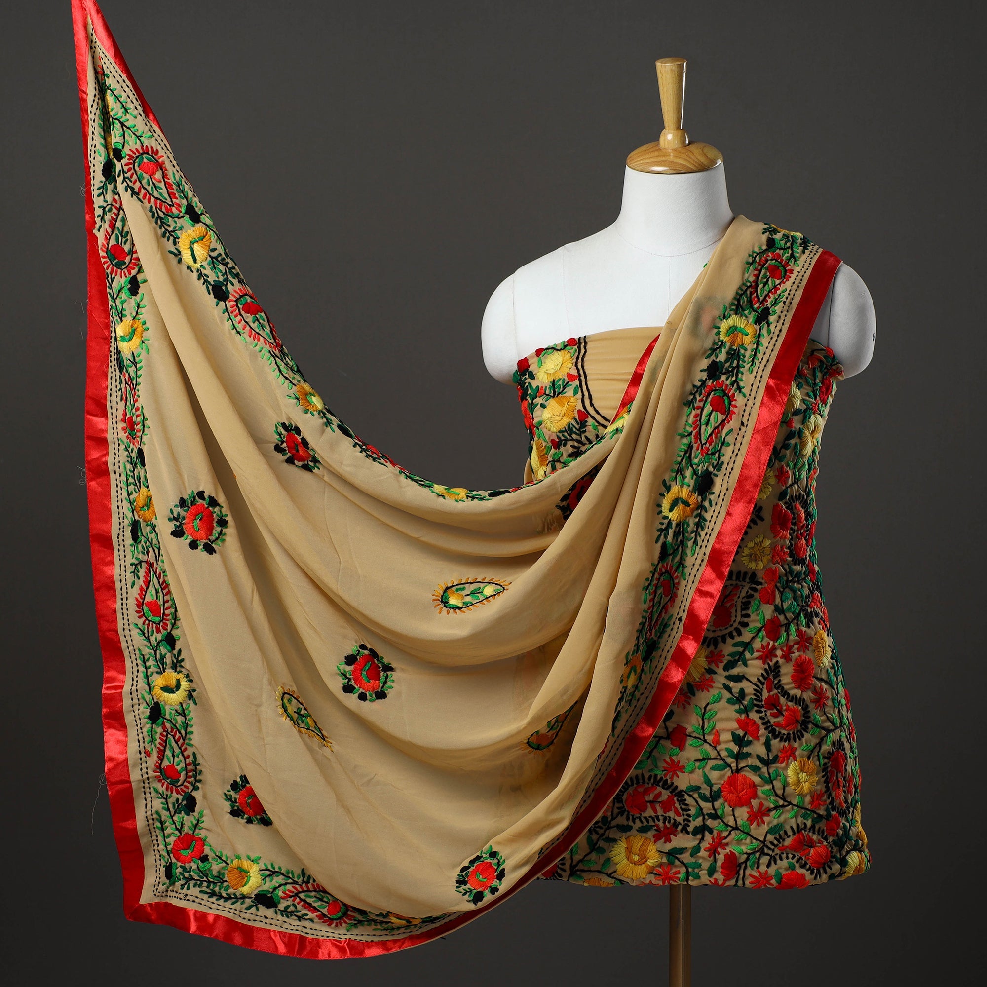 ITOKRI CRAFTS INITIATIVE Brown - 3pc Hand Embroidery Georgette Phulkari Dress Material 48