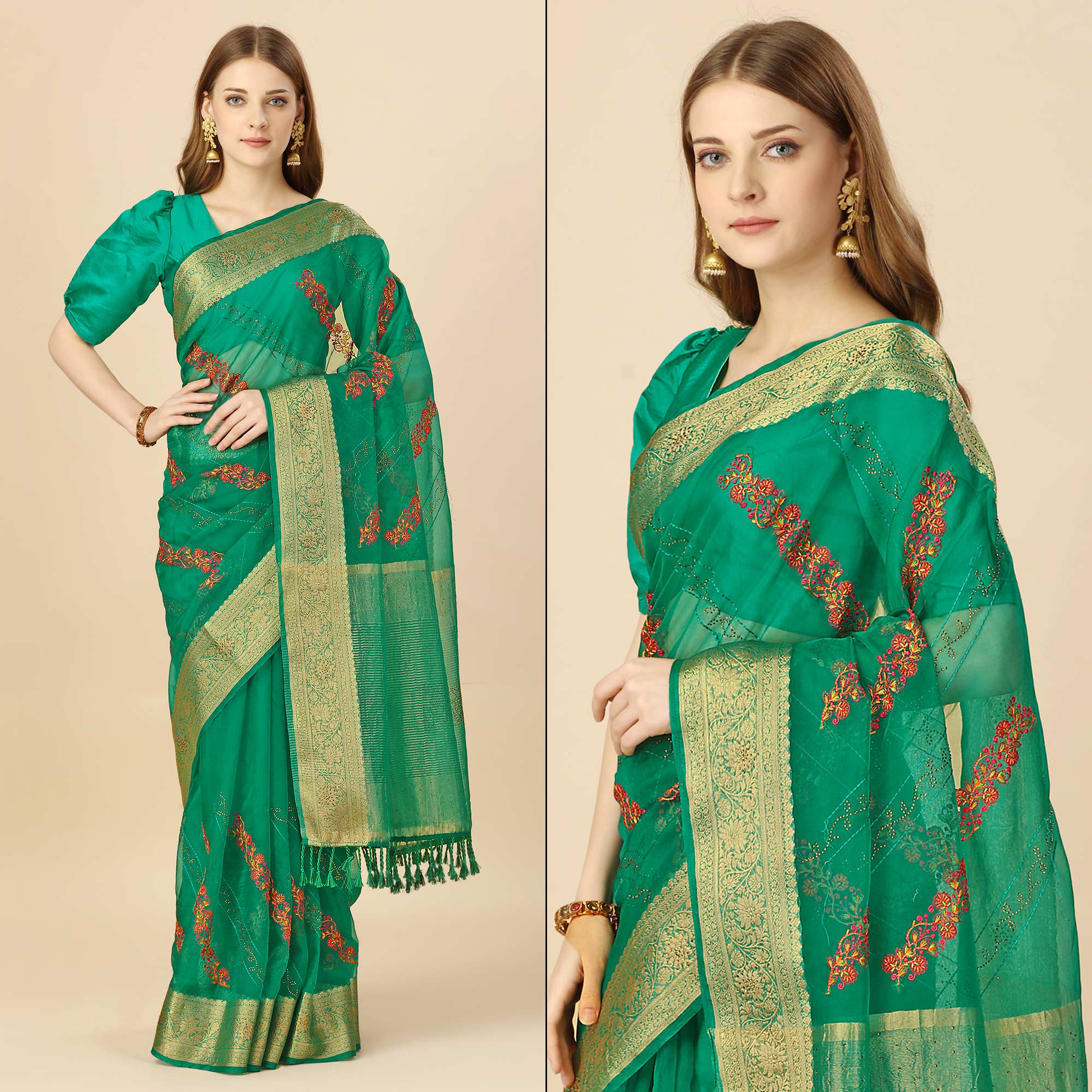 Green sarees – BlackTree green-floral-embroidery-with-swarovski-work-organza-saree