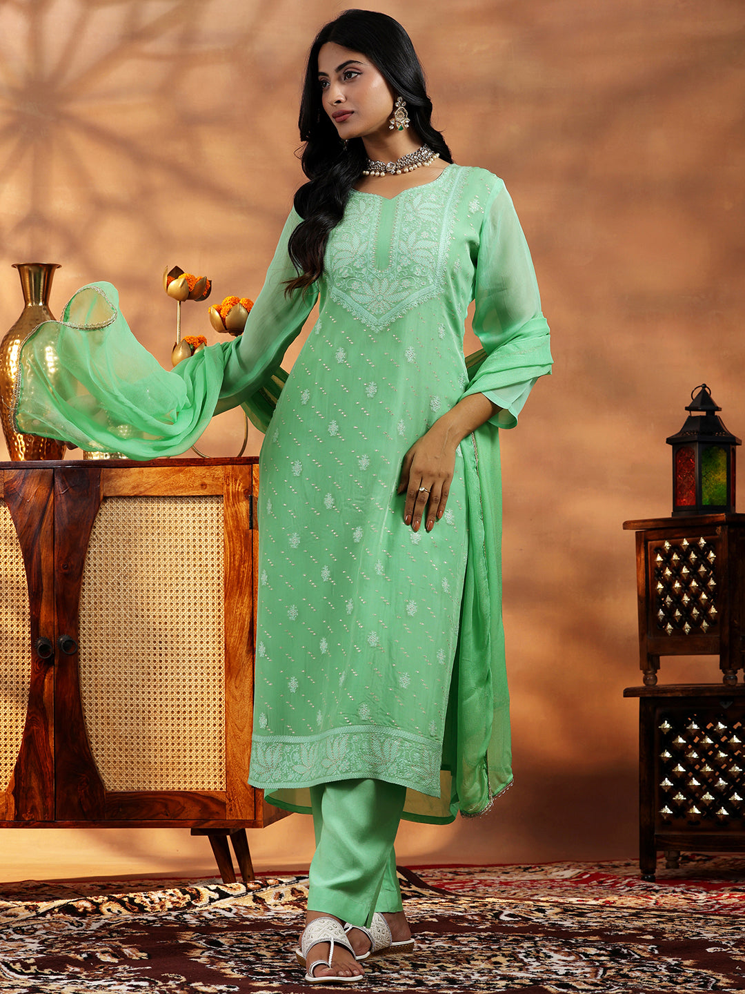 Libas Green Embroidered Organza Straight Suit With Dupatta - view 3