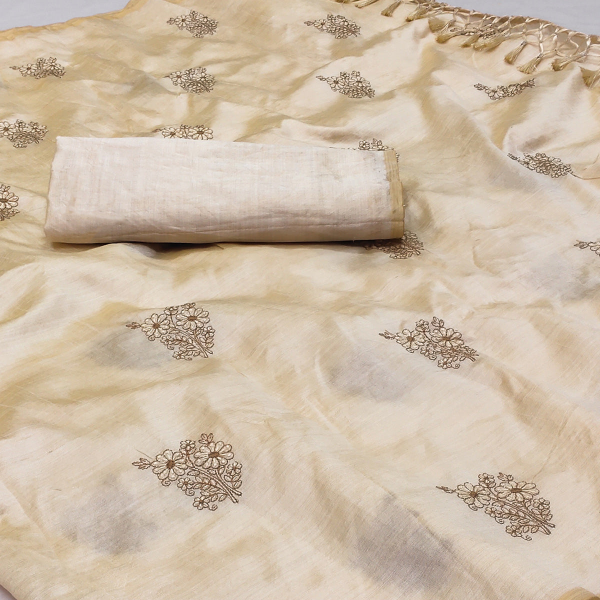 Peachmode Cream Floral Embroidered Assam Silk Saree With Tassels - view 2