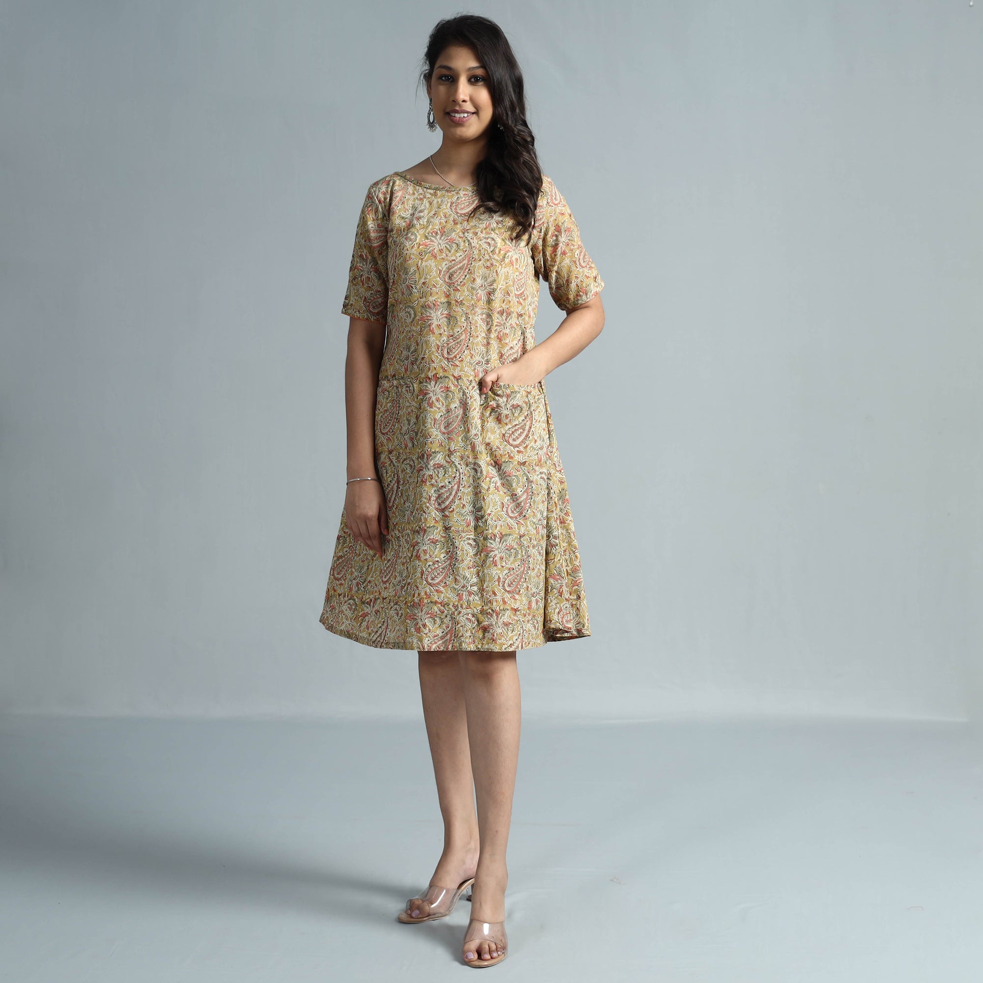 ITOKRI CASUALS Beige - Kalamkari Block Printed Mul Cotton Flare Dress - view 2