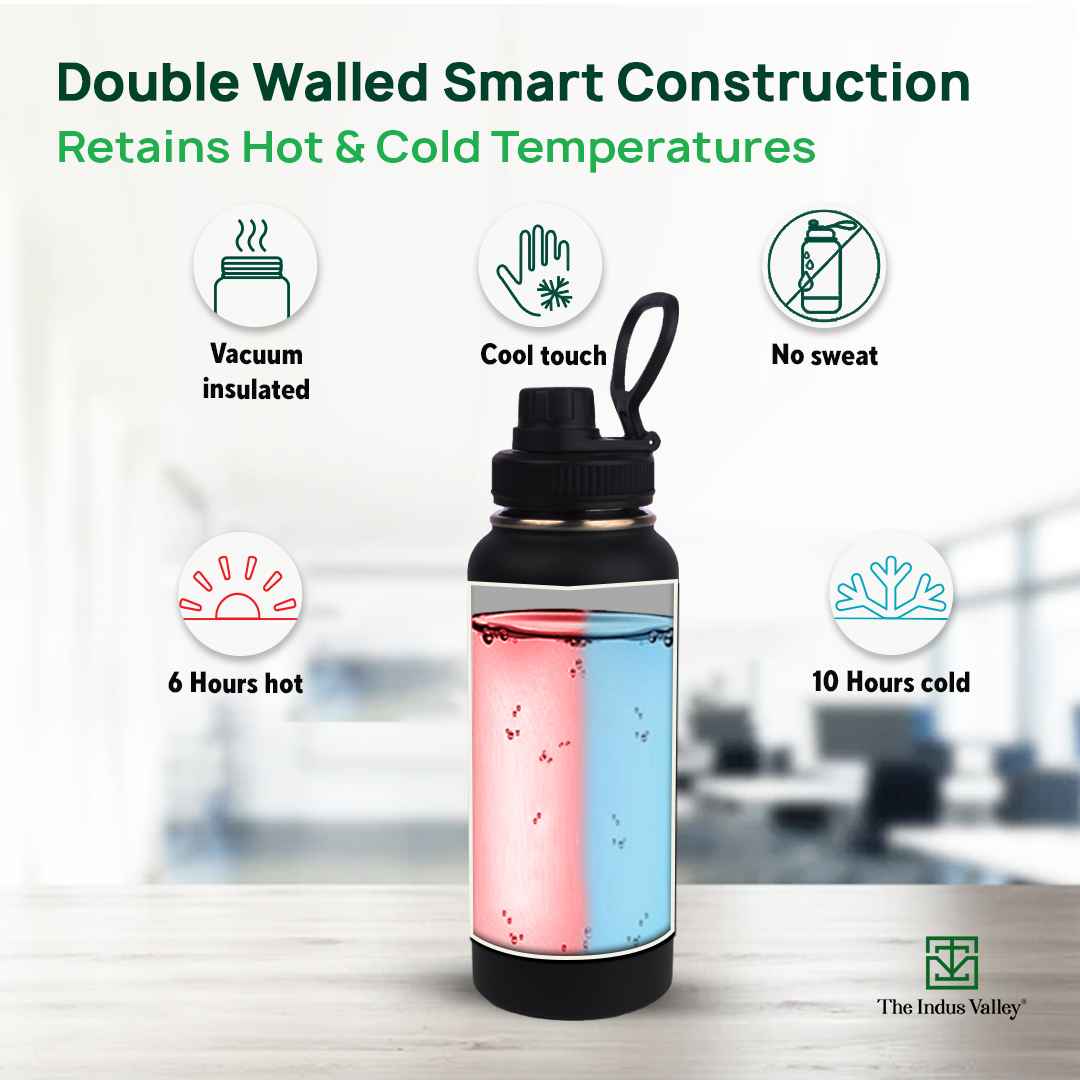 The Indus Valley Premium Stainless Steel Vacuum Insulated Wide Mouth Water Bottle with Handle, Leak-proof, 1000ml - view 4