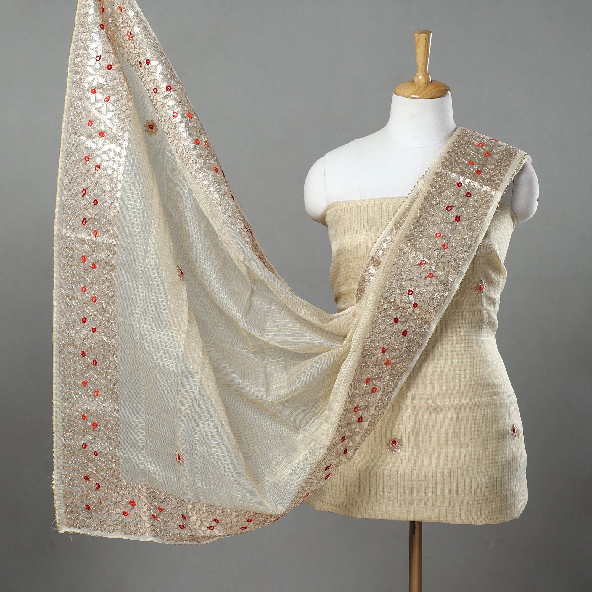 ITOKRI CRAFTS INITIATIVE Beige - 3pc Cotton Gota Patti Work Kota Doria Dress Material 05