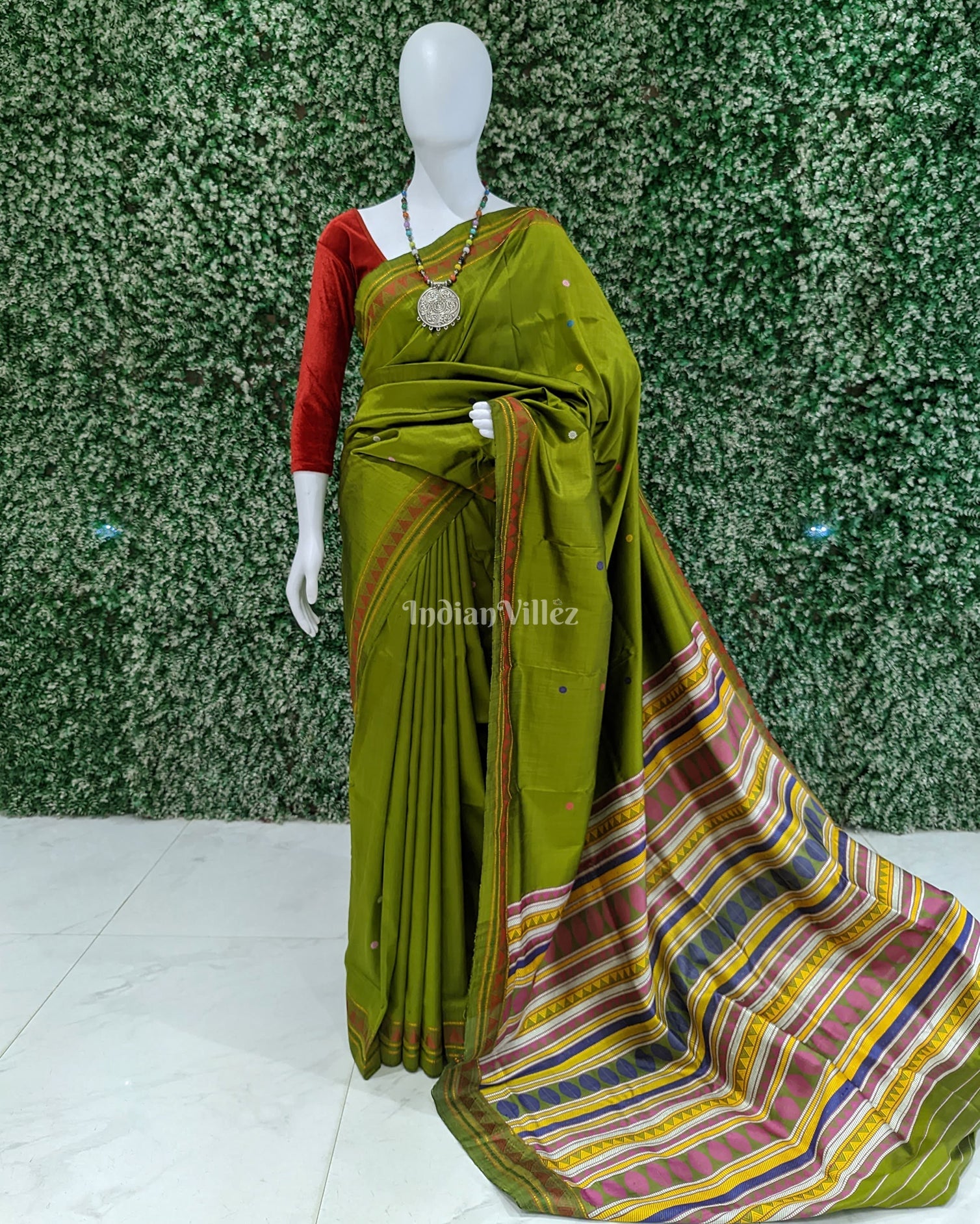IndianVillèz Mehndi Green Dongria Border Contemporary Silk Saree
