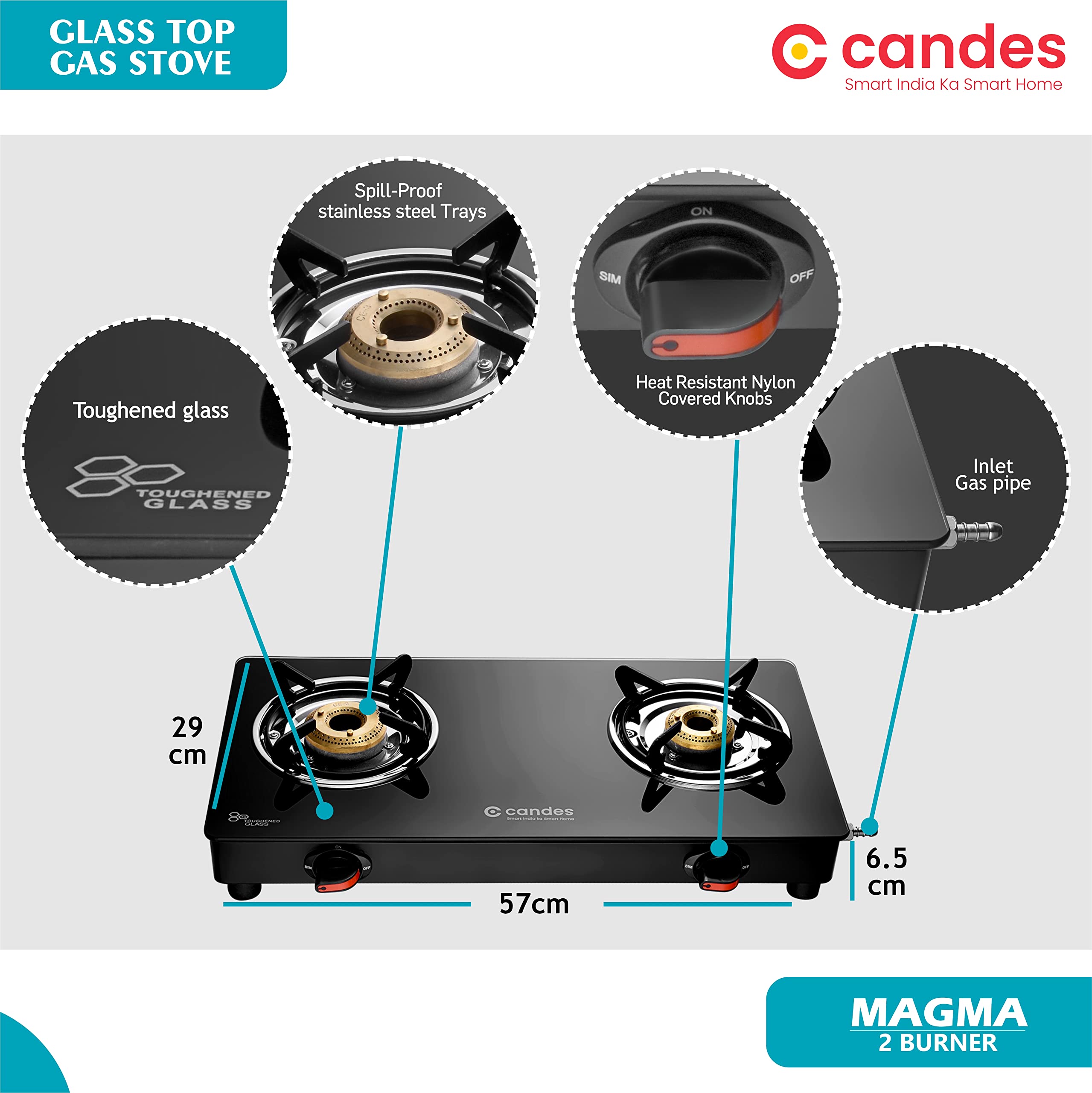 Candes Magma Glass Top Gas Stove | Manual Ignition, Black (ISI Certified, With 18 Months Warranty (2 Burner) - view 4