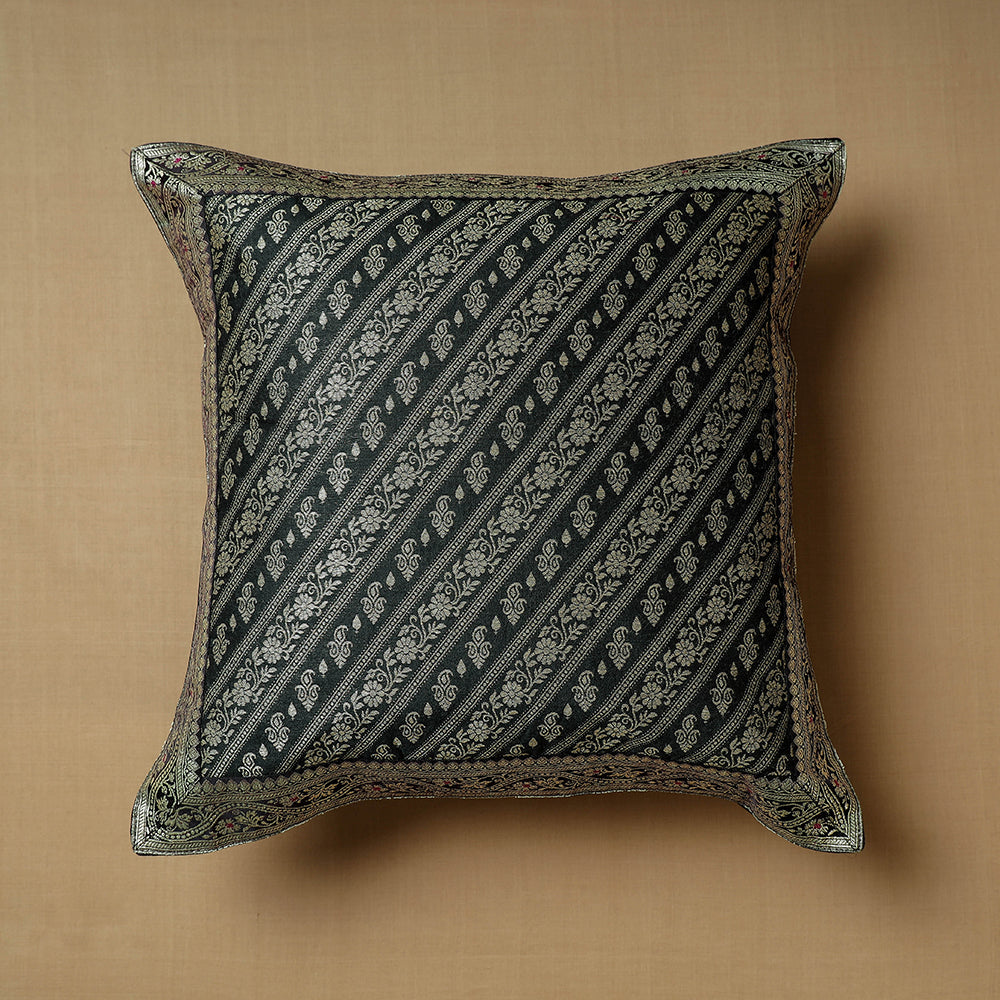 BANARASI BY MAQBUL HASAN Black - Traditional Pure Banarasi Handwoven Silk Zari Cushion Cover (16 x 16 in)