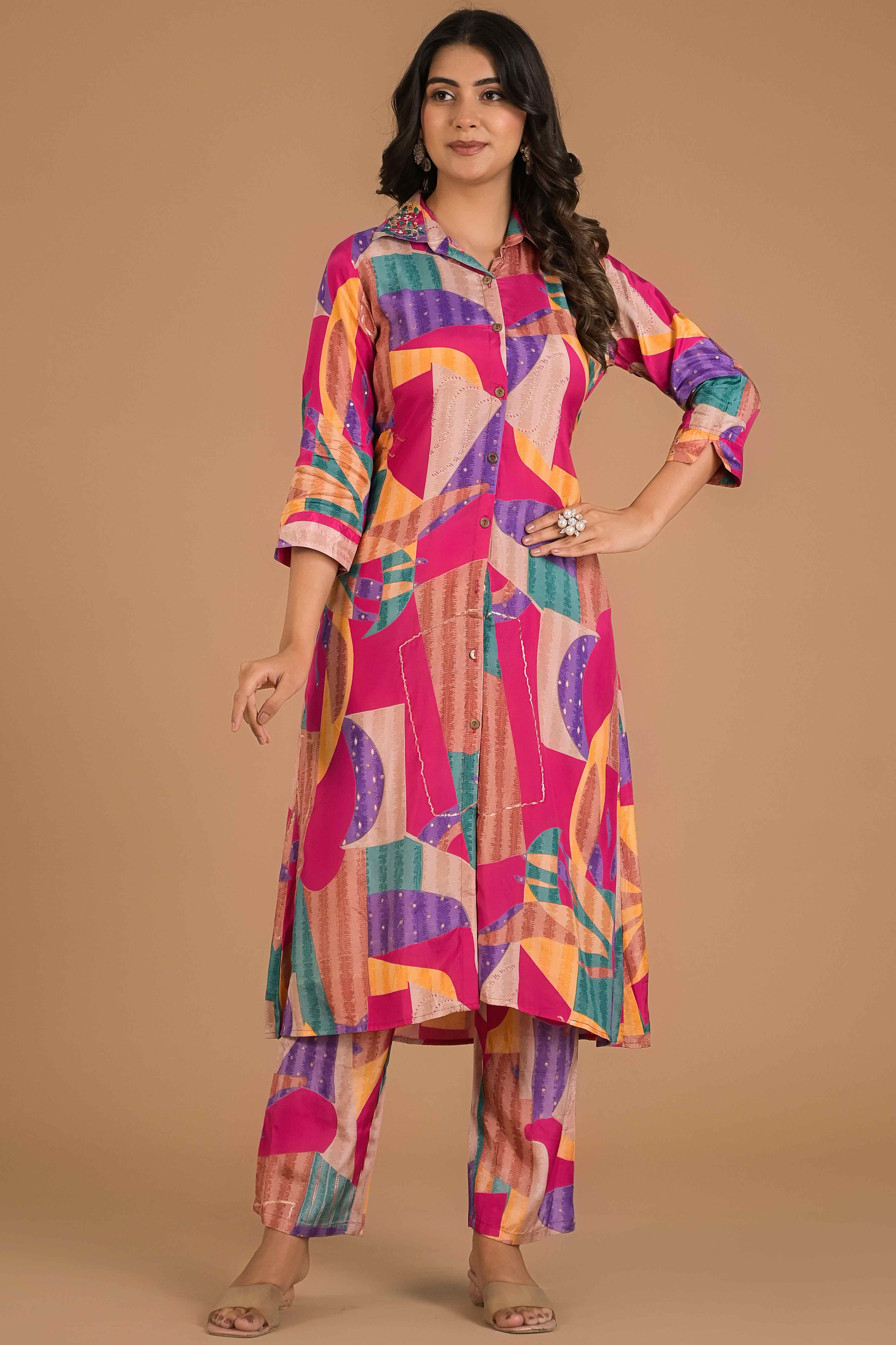 Peachmode Multicolor Abstract Printed Muslin Co-Ord Set