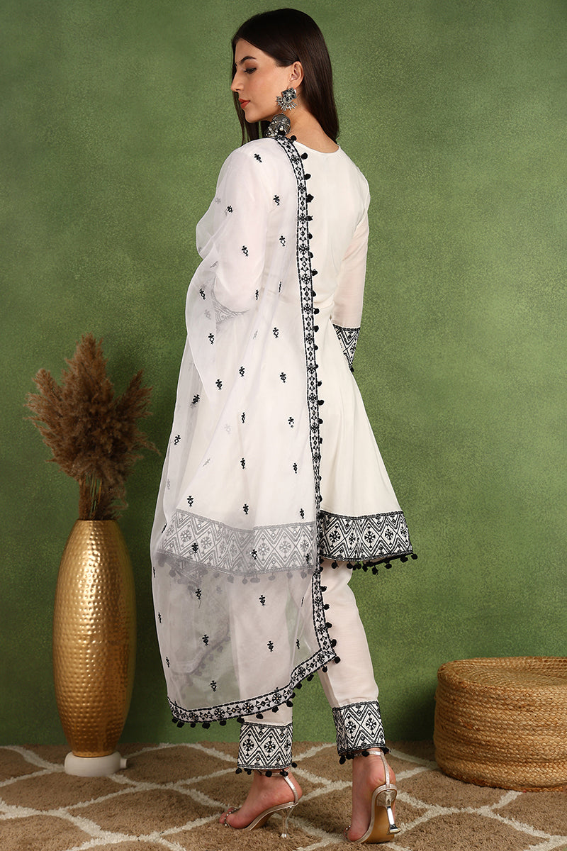 Ahika White Silk Blend Embroidered Thread Work A-Line Trouser Suit Set PKSKD2508WHT - view 7