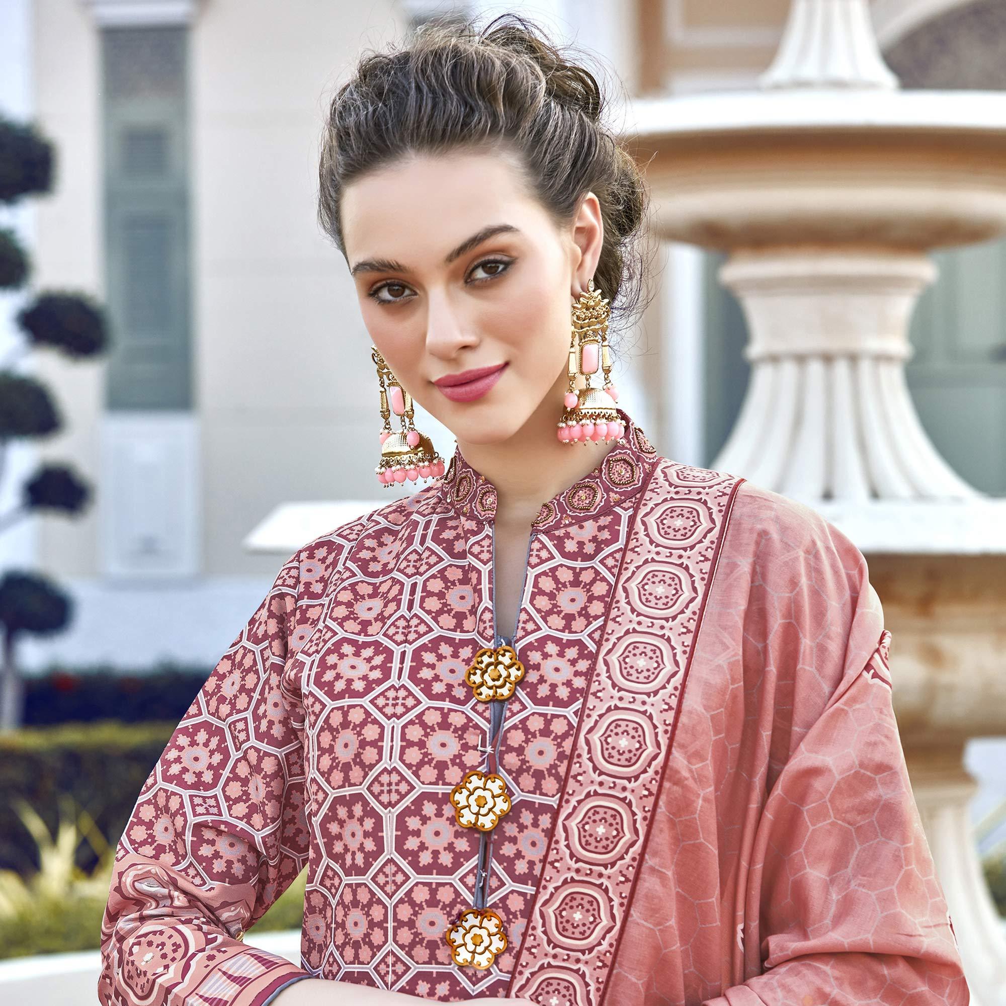 Peachmode Seller Elegant Light Salmon Colored Partywear Designer Digital Patola Print Killer Silk Anarkali Suit - view 2