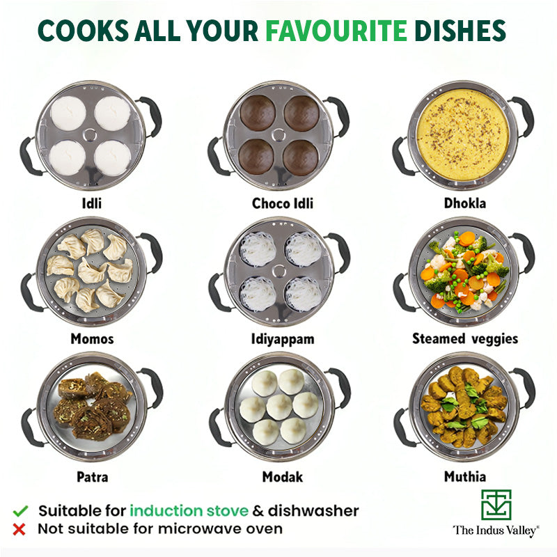 The Indus Valley Tri-Steel Premium Stainless Steel Idli/ Dhokla/ Momo Maker/ Multi Pot/ Veg Steaming Set, Tri-ply Induction Bottom, 5 Plates, 4 pit - view 4