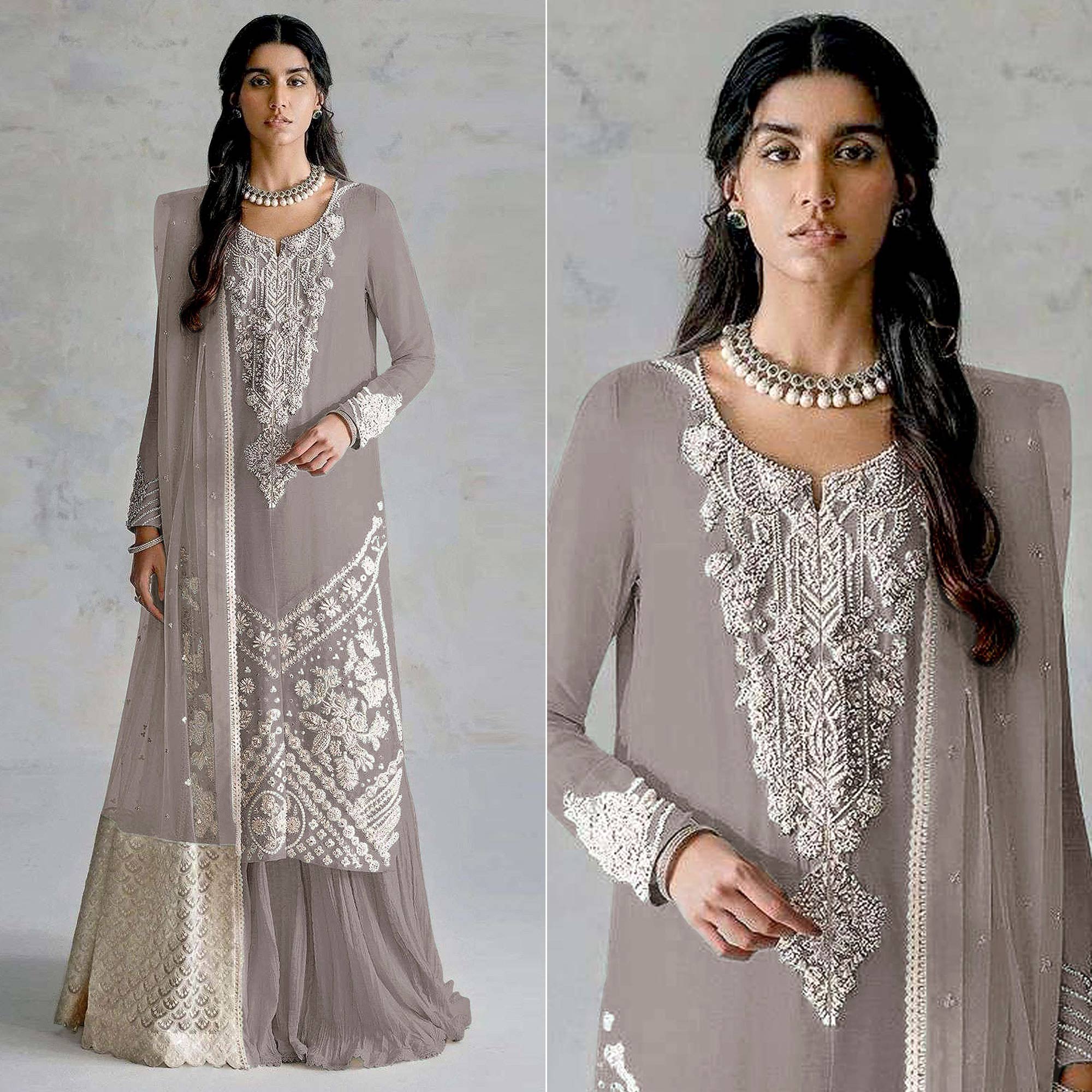 Peachmode Light Grey Embroidered Georgette Pakistani Dress Material