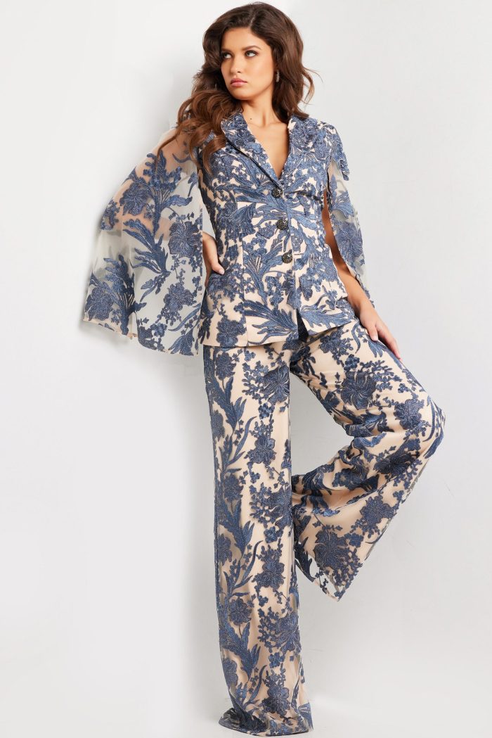 Jovani 25805 Long Two Piece Formal Pant Suit – Navy/Nude - view 4