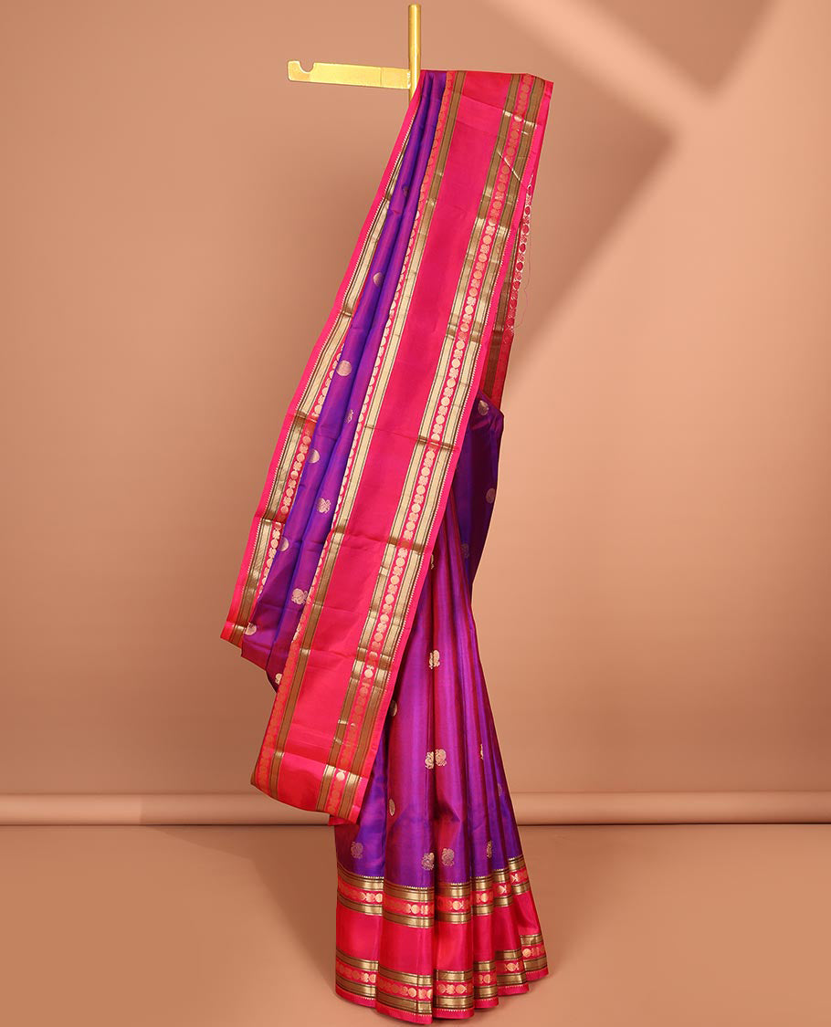 Pothys Purple zari buttas silk saree, contrast intricate pallu & rettai pettu border of rekku,Muthu,banaras & mayil poun