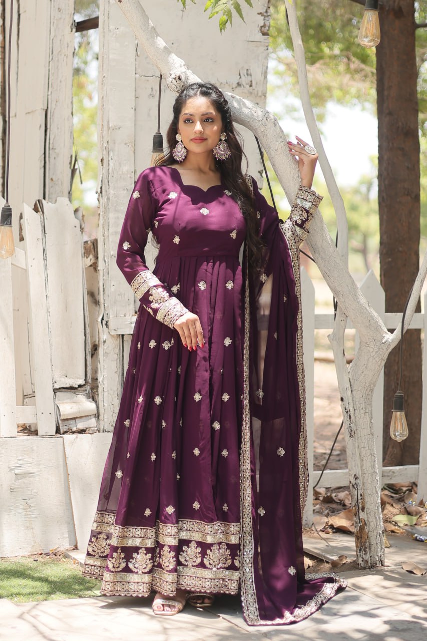 ClothsVilla Wine Faux Blooming Gown with Sequins Embroidery and Dupatta - view 2