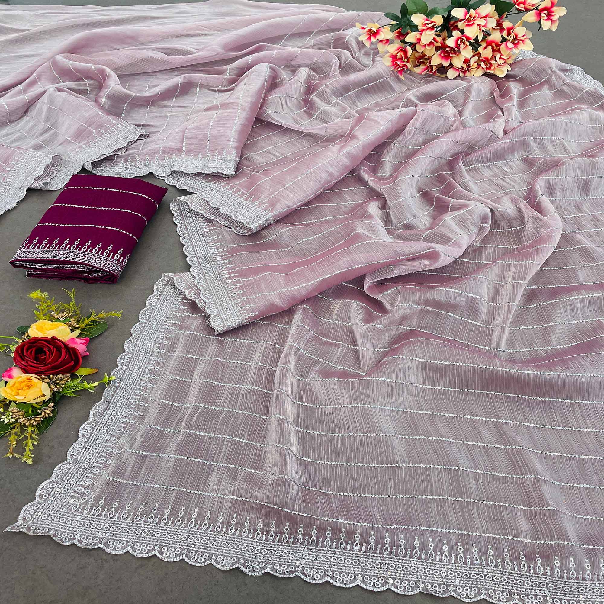Peachmode Light Mauve Sequins Embroidered Chiffon Silk Saree