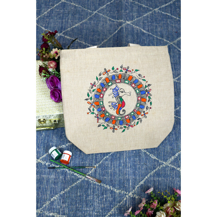DIORAMA DESIGNS Beige - Nature's Palette Handpainted Cotton Jute Tote Bag