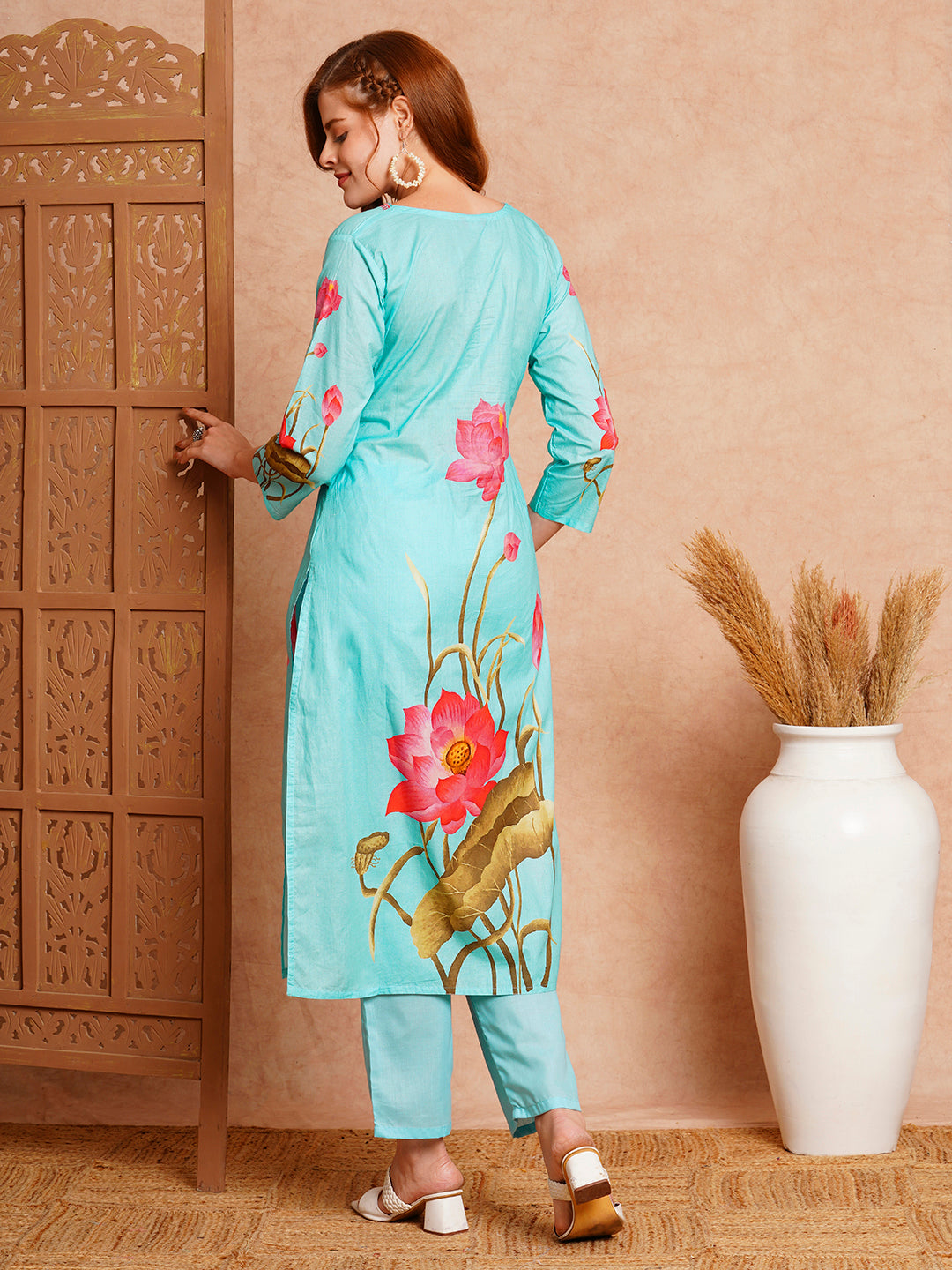 FASHOR Floral Printed Straight Fit Kurta with Pant - Blue - view 6