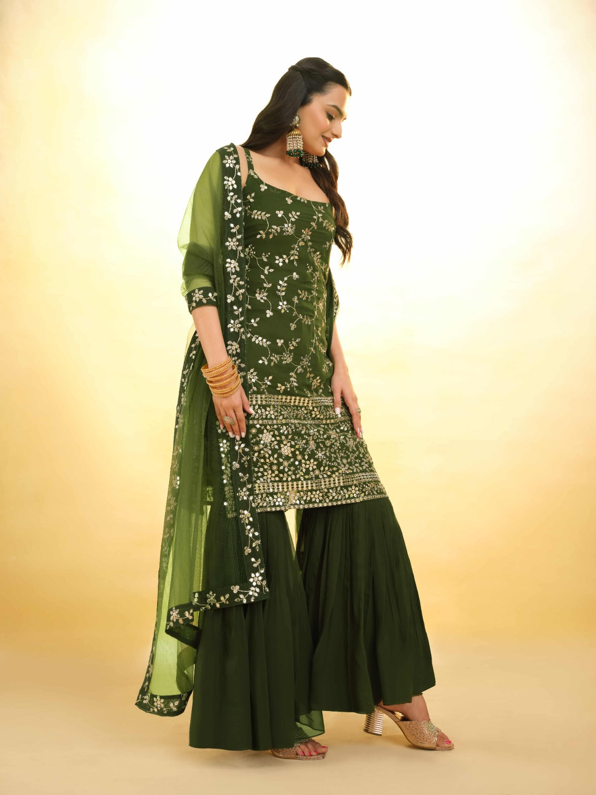 ClothsVilla Mehndi Green Georgette Suit with Embroidery and Shantoon Bottom - view 6