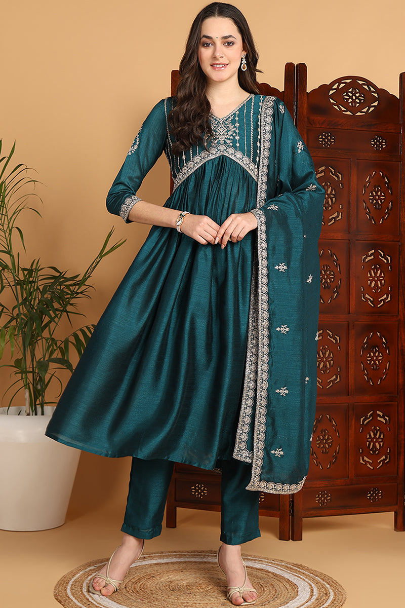 Ahika Green Silk Blend Solid Embroidered Flared Suit Set PKSKD2169