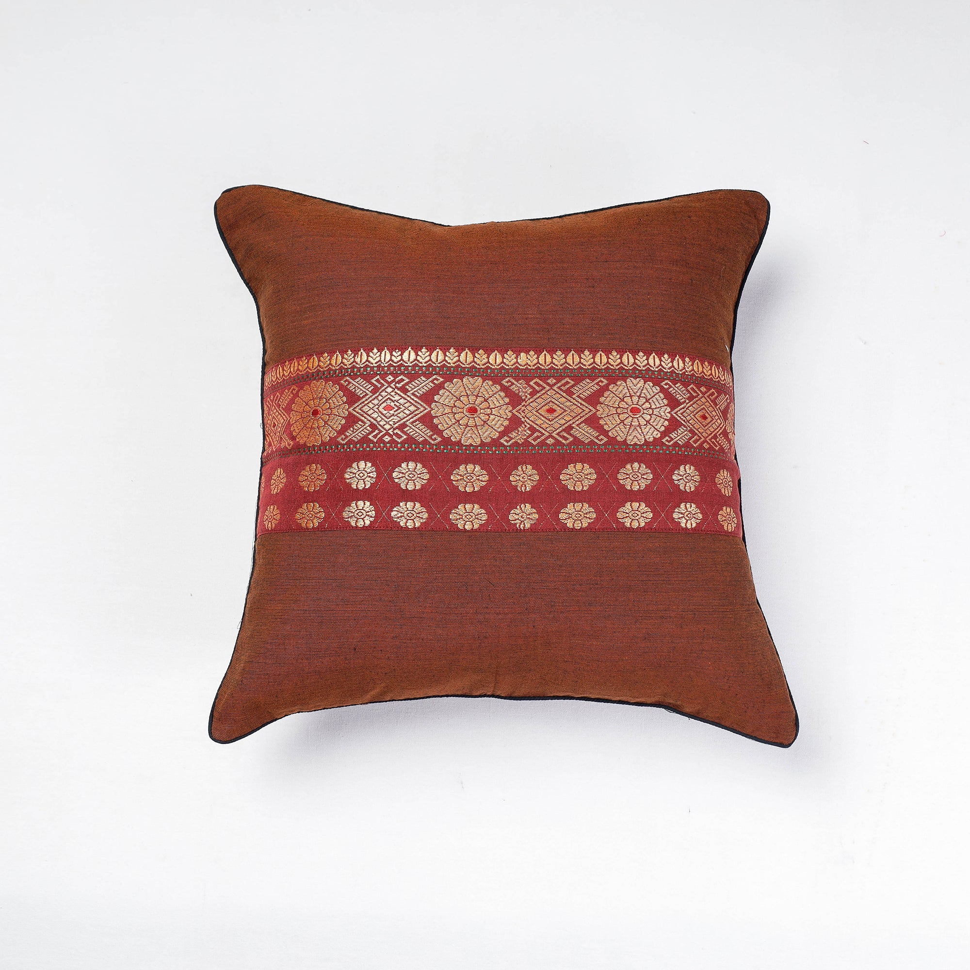 KRITENYA BY MANJURI Brown - Assam Border Cotton Cushion Cover by Kritenya Manjuri (17 x 17 in)